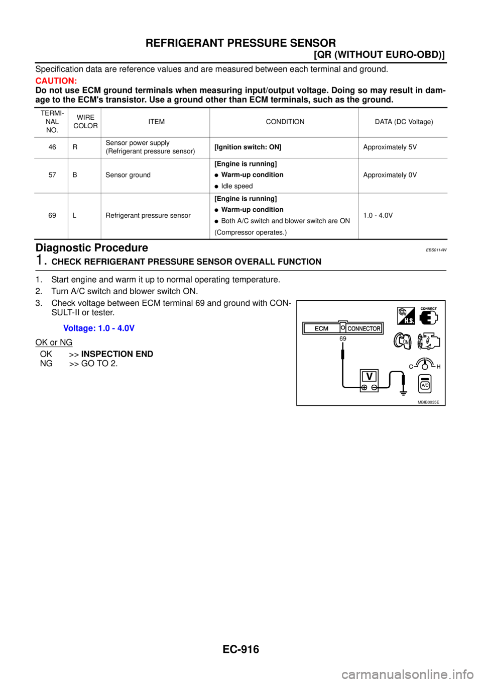 NISSAN X-TRAIL 2005  Service Repair Manual EC-916
[QR (WITHOUT EURO-OBD)]
REFRIGERANT PRESSURE SENSOR
 
Specification data are reference values and are measured between each terminal and ground.
CAUTION:
Do not use ECM ground terminals when me