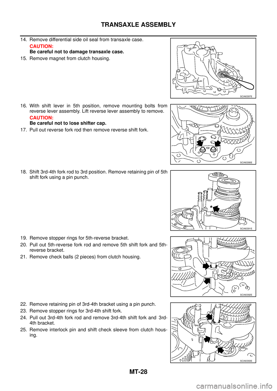 NISSAN X-TRAIL 2005  Service Repair Manual MT-28
TRANSAXLE ASSEMBLY
 
14. Remove differential side oil seal from transaxle case.
CAUTION:
Be careful not to damage transaxle case.
15. Remove magnet from clutch housing.
16. With shift lever in 5