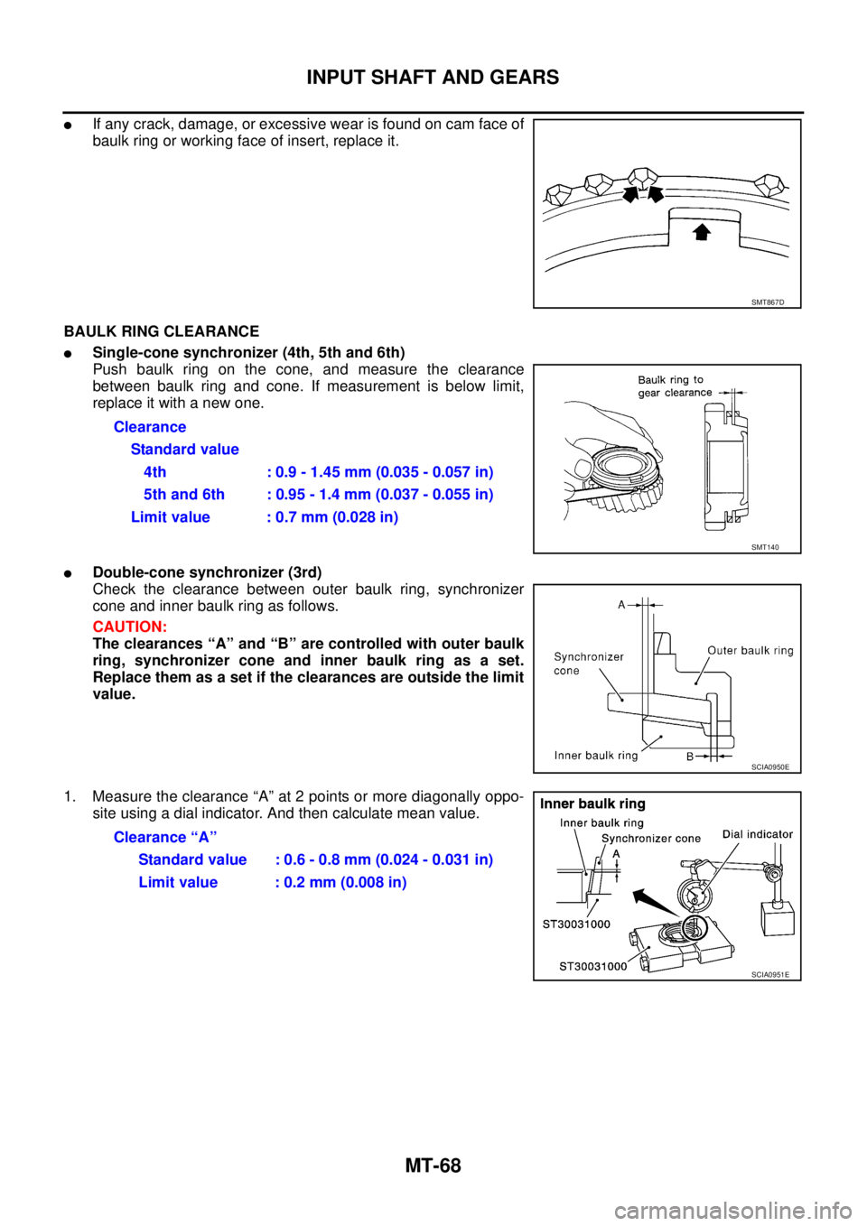 NISSAN X-TRAIL 2005 Service Repair Manual MT-68
INPUT SHAFT AND GEARS
If any crack, damage, or excessive wear is found on cam face of
baulk ring or working face of insert, replace it.
BAULK RING CLEARANCE
Single-cone synchronizer (4th, 5t NISSAN X-TRAIL 2005 Service Repair Manual MT-68
INPUT SHAFT AND GEARS
If any crack, damage, or excessive wear is found on cam face of
baulk ring or working face of insert, replace it.
BAULK RING CLEARANCE
Single-cone synchronizer (4th, 5t