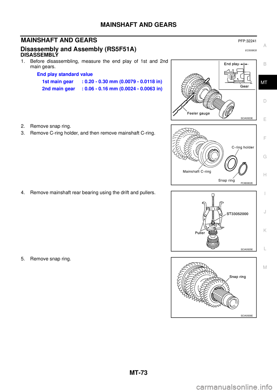 NISSAN X-TRAIL 2005  Service Repair Manual MAINSHAFT AND GEARS
MT-73
D
E
F
G
H
I
J
K
L
MA
B
MT
 
MAINSHAFT AND GEARSPFP:32241
Disassembly and Assembly (RS5F51A)ECS008C6
DISASSEMBLY
1. Before disassembling, measure the end play of 1st and 2nd
m