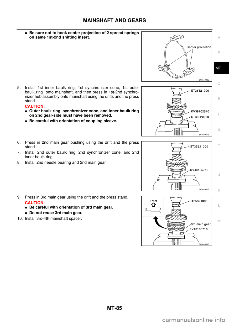 NISSAN X-TRAIL 2005  Service Repair Manual MAINSHAFT AND GEARS
MT-85
D
E
F
G
H
I
J
K
L
MA
B
MT
 
Be sure not to hook center projection of 2 spread springs
on same 1st-2nd shifting insert.
5. Install 1st inner baulk ring, 1st synchronizer cone