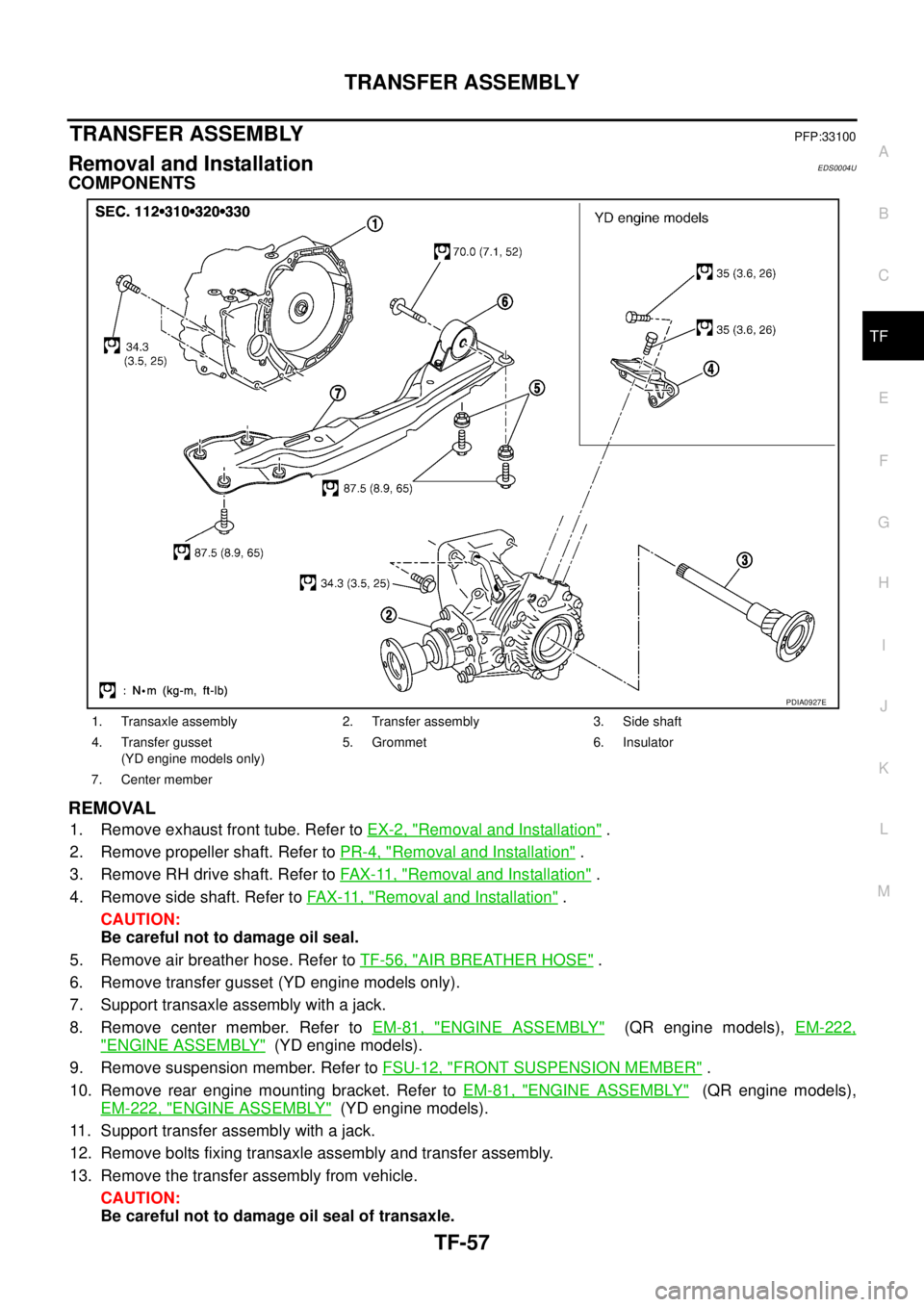 NISSAN X-TRAIL 2005 Service Repair Manual TRANSFER ASSEMBLY
TF-57
C
E
F
G
H
I
J
K
L
MA
B
TF
TRANSFER ASSEMBLYPFP:33100
Removal and InstallationEDS0004U
COMPONENTS
REMOVAL
1. Remove exhaust front tube. Refer to EX-2, "Removal and Installatio NISSAN X-TRAIL 2005 Service Repair Manual TRANSFER ASSEMBLY
TF-57
C
E
F
G
H
I
J
K
L
MA
B
TF
TRANSFER ASSEMBLYPFP:33100
Removal and InstallationEDS0004U
COMPONENTS
REMOVAL
1. Remove exhaust front tube. Refer to EX-2, "Removal and Installatio