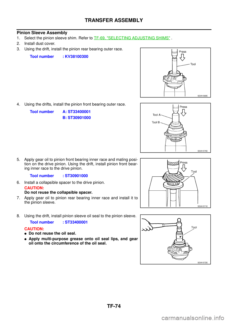 NISSAN X-TRAIL 2005 Service Repair Manual TF-74
TRANSFER ASSEMBLY
Pinion Sleeve Assembly
1. Select the pinion sleeve shim. Refer to TF-69, "SELECTING ADJUSTING SHIMS" .
2. Install dust cover.
3. Using the drift, install the pinion rear bear NISSAN X-TRAIL 2005 Service Repair Manual TF-74
TRANSFER ASSEMBLY
Pinion Sleeve Assembly
1. Select the pinion sleeve shim. Refer to TF-69, "SELECTING ADJUSTING SHIMS" .
2. Install dust cover.
3. Using the drift, install the pinion rear bear