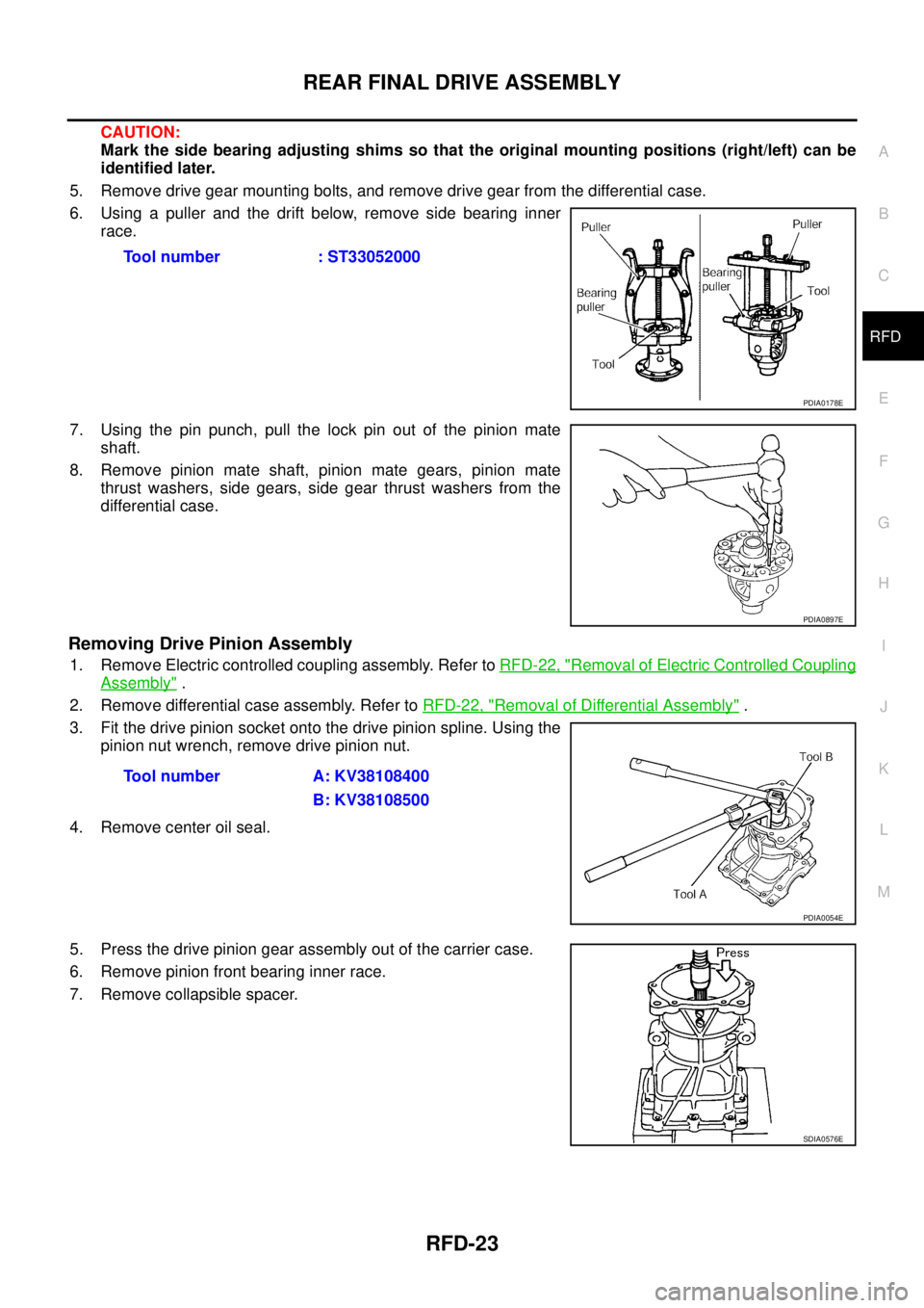 NISSAN X-TRAIL 2005 Service Repair Manual REAR FINAL DRIVE ASSEMBLY
RFD-23
C
E
F
G
H
I
J
K
L
MA
B
RFD
CAUTION:
Mark the side bearing adjusting shims so that the original mounting positions (right/left) can be
identified later.
5. Remove dri NISSAN X-TRAIL 2005 Service Repair Manual REAR FINAL DRIVE ASSEMBLY
RFD-23
C
E
F
G
H
I
J
K
L
MA
B
RFD
CAUTION:
Mark the side bearing adjusting shims so that the original mounting positions (right/left) can be
identified later.
5. Remove dri