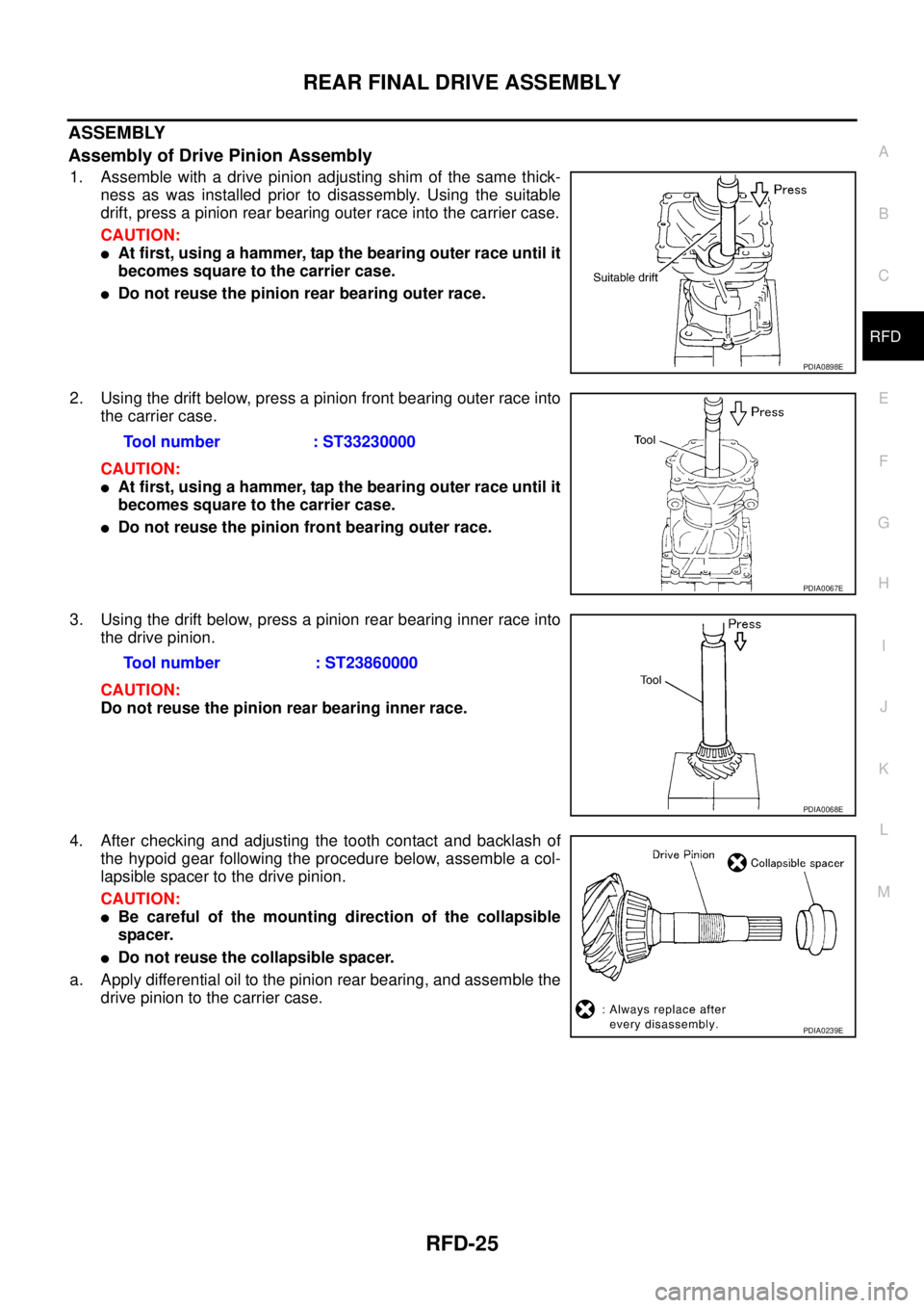 NISSAN X-TRAIL 2005 Service Repair Manual REAR FINAL DRIVE ASSEMBLY
RFD-25
C
E
F
G
H
I
J
K
L
MA
B
RFD
ASSEMBLY
Assembly of Drive Pinion Assembly
1. Assemble with a drive pinion adjusting shim of the same thick-
ness as was installed prior t NISSAN X-TRAIL 2005 Service Repair Manual REAR FINAL DRIVE ASSEMBLY
RFD-25
C
E
F
G
H
I
J
K
L
MA
B
RFD
ASSEMBLY
Assembly of Drive Pinion Assembly
1. Assemble with a drive pinion adjusting shim of the same thick-
ness as was installed prior t