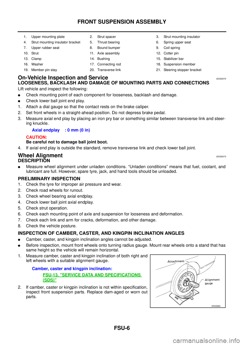 NISSAN X-TRAIL 2005  Service Repair Manual FSU-6
FRONT SUSPENSION ASSEMBLY
 
On-Vehicle Inspection and ServiceEES00072
LOOSENESS, BACKLASH AND DAMAGE OF MOUNTING PARTS AND CONNECTIONS
Lift vehicle and inspect the following:
Check mounting poi