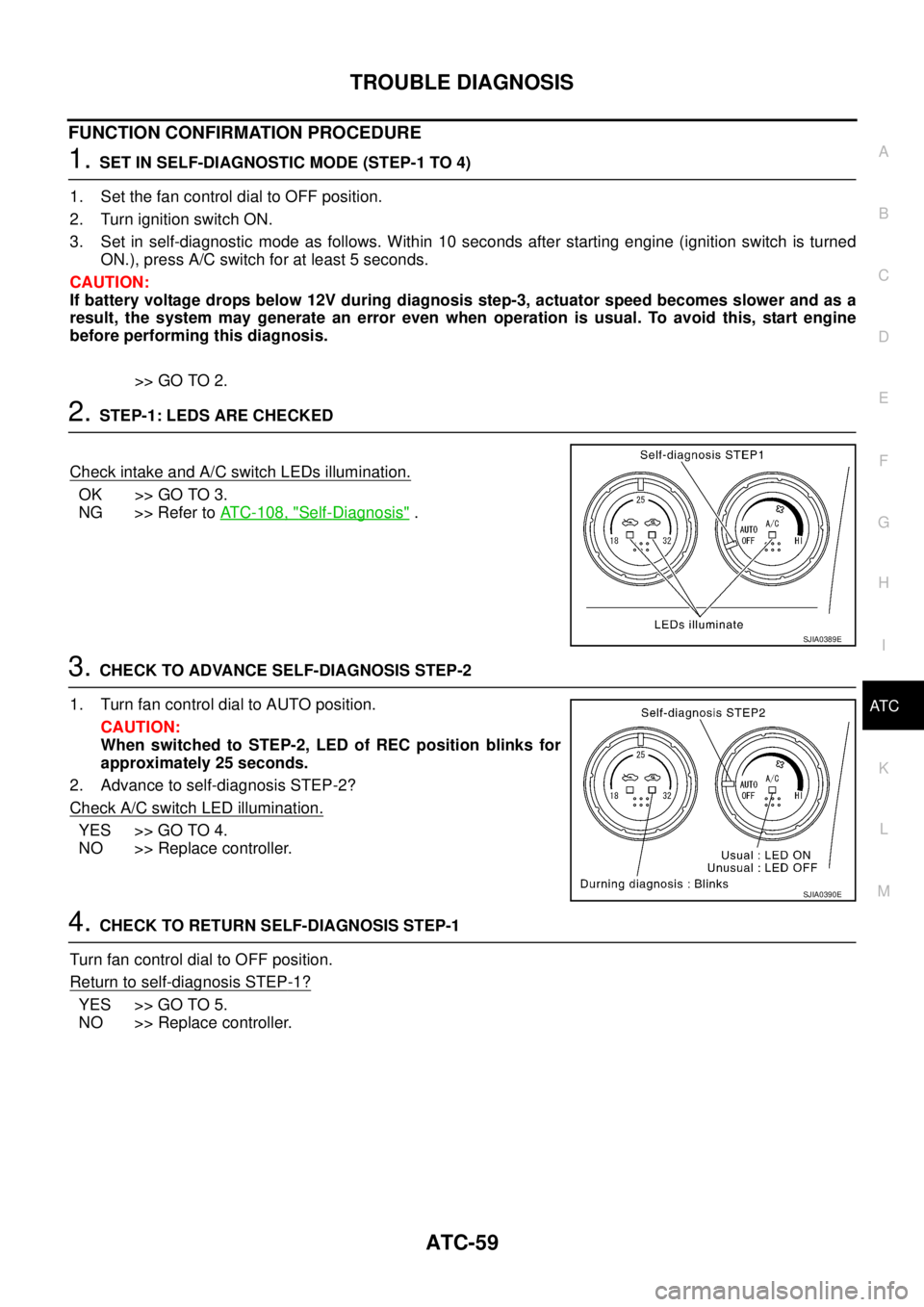NISSAN X-TRAIL 2005  Service Repair Manual TROUBLE DIAGNOSIS
ATC-59
C
D
E
F
G
H
I
K
L
MA
B
AT C
 
FUNCTION CONFIRMATION PROCEDURE
1. SET IN SELF-DIAGNOSTIC MODE (STEP-1 TO 4)
1. Set the fan control dial to OFF position.
2. Turn ignition switch