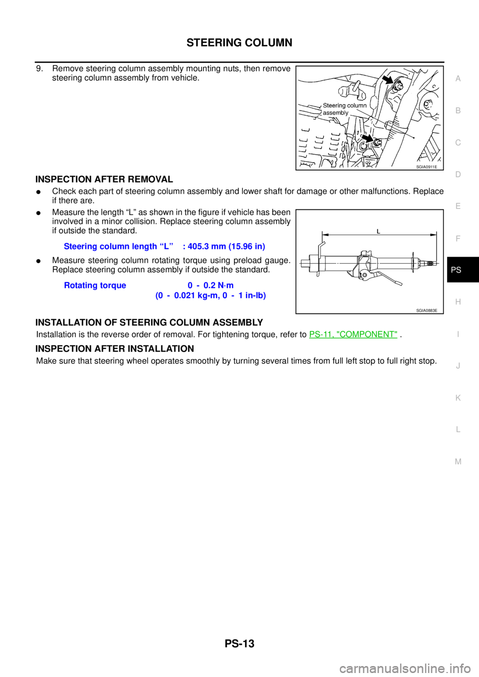 NISSAN X-TRAIL 2005  Service Repair Manual STEERING COLUMN
PS-13
C
D
E
F
H
I
J
K
L
MA
B
PS
 
9. Remove steering column assembly mounting nuts, then remove
steering column assembly from vehicle.
INSPECTION AFTER REMOVAL
Check each part of stee