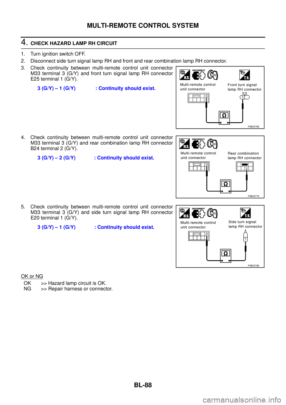 NISSAN X-TRAIL 2005  Service Repair Manual BL-88
MULTI-REMOTE CONTROL SYSTEM
 
4. CHECK HAZARD LAMP RH CIRCUIT
1. Turn ignition switch OFF.
2. Disconnect side turn signal lamp RH and front and rear combination lamp RH connector.
3. Check conti