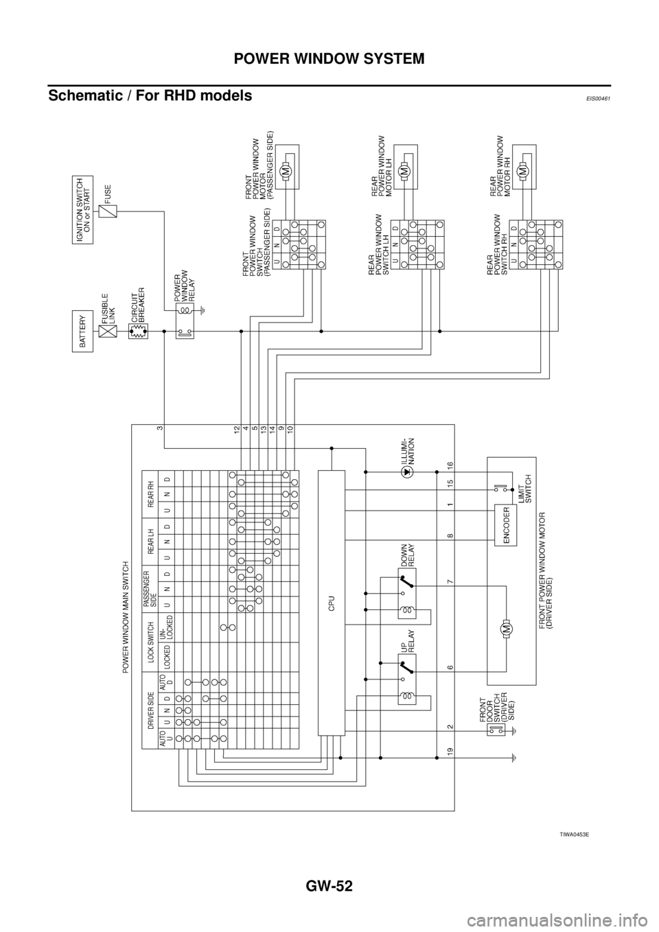 NISSAN X-TRAIL 2005  Service Repair Manual GW-52
POWER WINDOW SYSTEM
 
Schematic / For RHD modelsEIS00461
TIWA0453E 