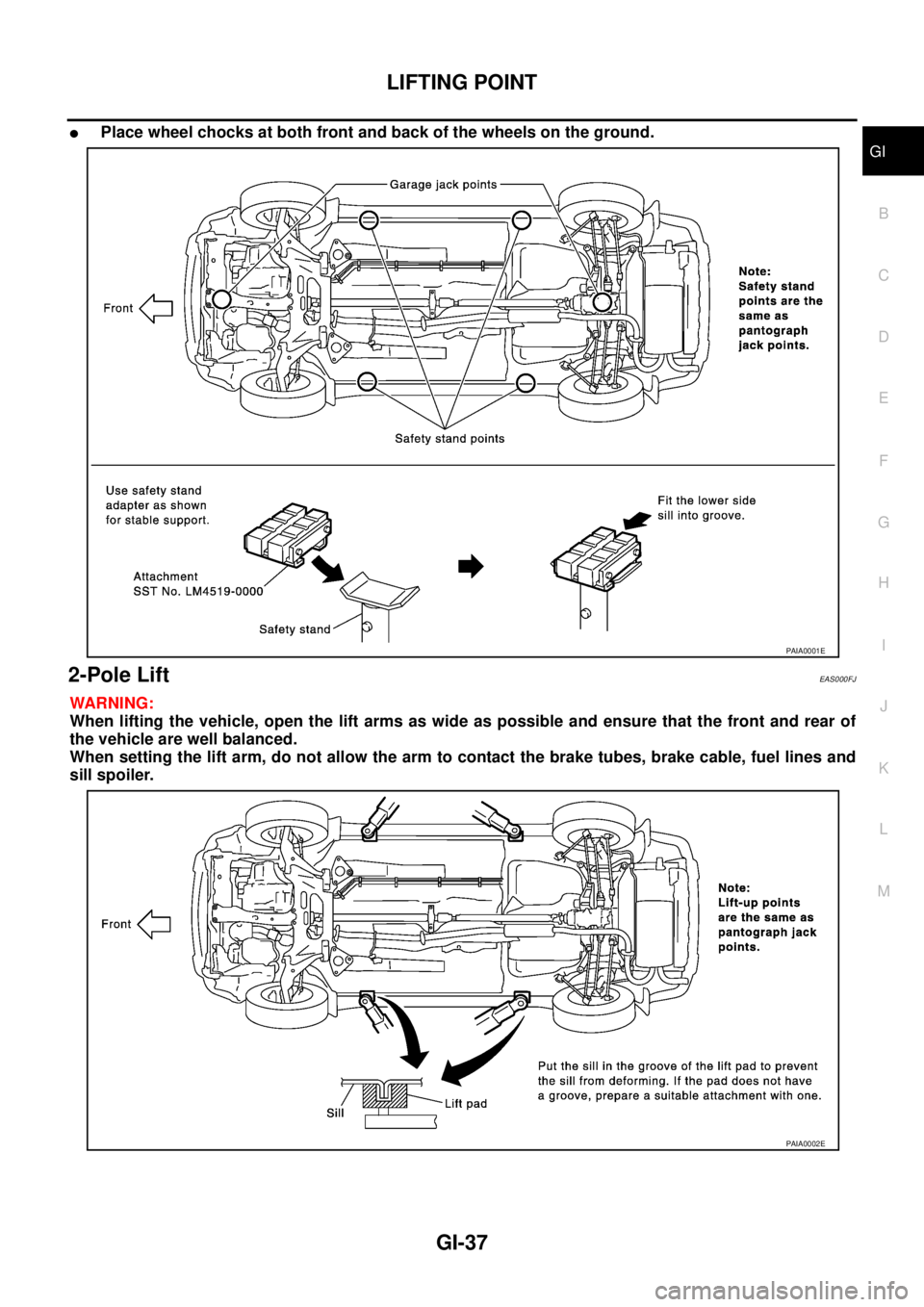 NISSAN X-TRAIL 2005  Service Repair Manual LIFTING POINT
GI-37
C
D
E
F
G
H
I
J
K
L
MB
GI
 
Place wheel chocks at both front and back of the wheels on the ground.
2-Pole Lift EAS000FJ
WARNING:
When lifting the vehicle, open the lift arms as wi