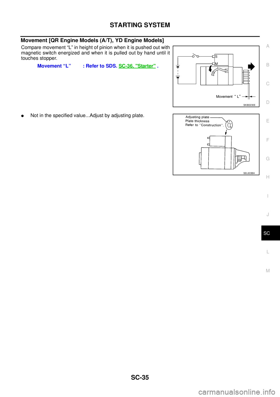 NISSAN X-TRAIL 2005  Service Repair Manual STARTING SYSTEM
SC-35
C
D
E
F
G
H
I
J
L
MA
B
SC
 
Movement [QR Engine Models (A/T), YD Engine Models]
Compare movement “L” in height of pinion when it is pushed out with
magnetic switch energized 