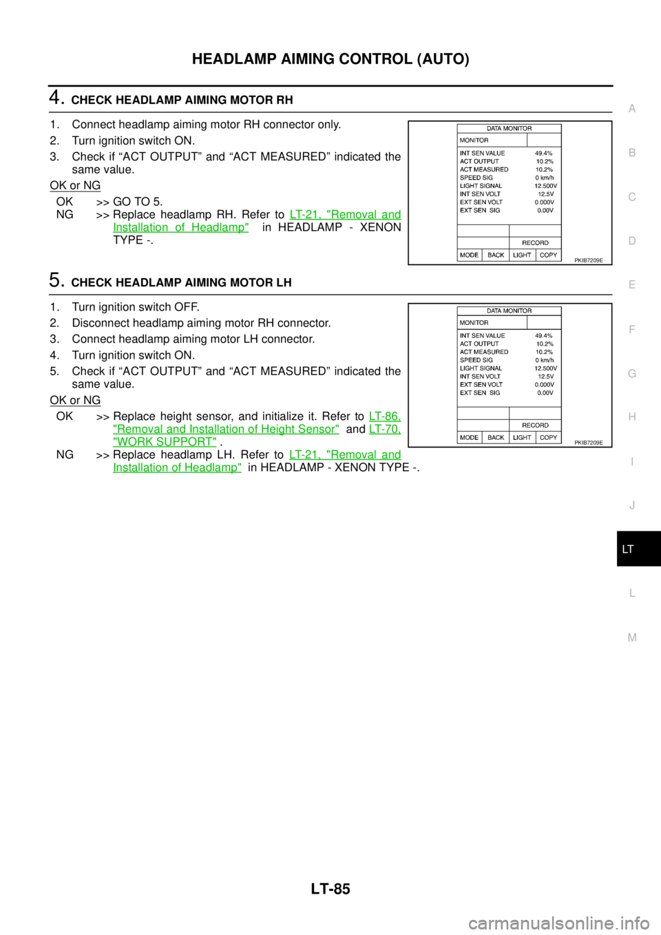 NISSAN X-TRAIL 2005  Service Repair Manual HEADLAMP AIMING CONTROL (AUTO)
LT-85
C
D
E
F
G
H
I
J
L
MA
B
LT
 
4. CHECK HEADLAMP AIMING MOTOR RH
1. Connect headlamp aiming motor RH connector only.
2. Turn ignition switch ON.
3. Check if “ACT OU