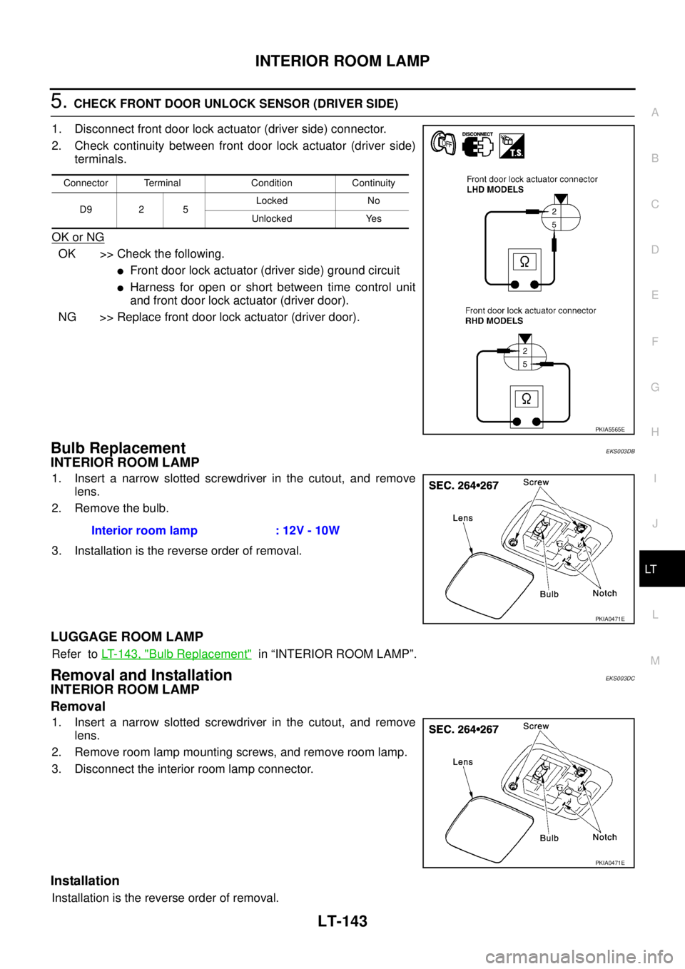 NISSAN X-TRAIL 2005 Service Repair Manual INTERIOR ROOM LAMP
LT-143
C
D
E
F
G
H
I
J
L
MA
B
LT
5. CHECK FRONT DOOR UNLOCK SENSOR (DRIVER SIDE)
1. Disconnect front door lock actuator (driver side) connector.
2. Check continuity between front NISSAN X-TRAIL 2005 Service Repair Manual INTERIOR ROOM LAMP
LT-143
C
D
E
F
G
H
I
J
L
MA
B
LT
5. CHECK FRONT DOOR UNLOCK SENSOR (DRIVER SIDE)
1. Disconnect front door lock actuator (driver side) connector.
2. Check continuity between front