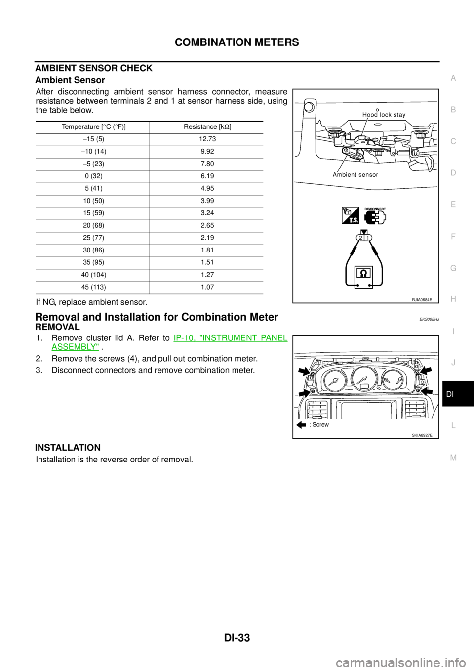 NISSAN X-TRAIL 2005  Service Repair Manual COMBINATION METERS
DI-33
C
D
E
F
G
H
I
J
L
MA
B
DI
 
AMBIENT SENSOR CHECK
Ambient Sensor
After disconnecting ambient sensor harness connector, measure
resistance between terminals 2 and 1 at sensor ha