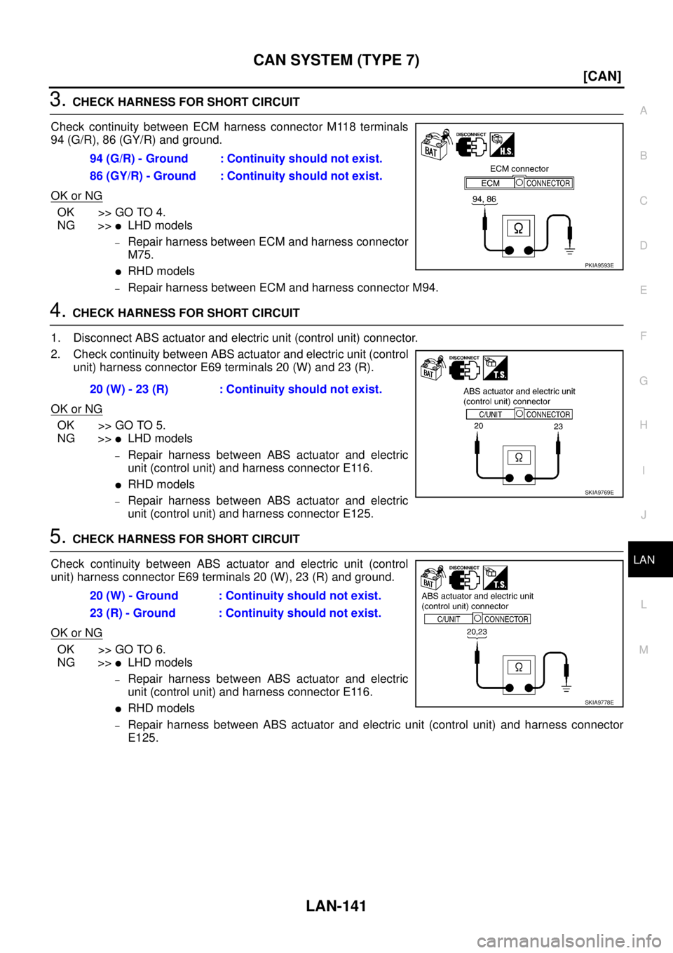 NISSAN X-TRAIL 2005  Service Repair Manual CAN SYSTEM (TYPE 7)
LAN-141
[CAN]
C
D
E
F
G
H
I
J
L
MA
B
LAN
 
3. CHECK HARNESS FOR SHORT CIRCUIT
Check continuity between ECM harness connector M118 terminals
94 (G/R), 86 (GY/R) and ground.
OK or NG