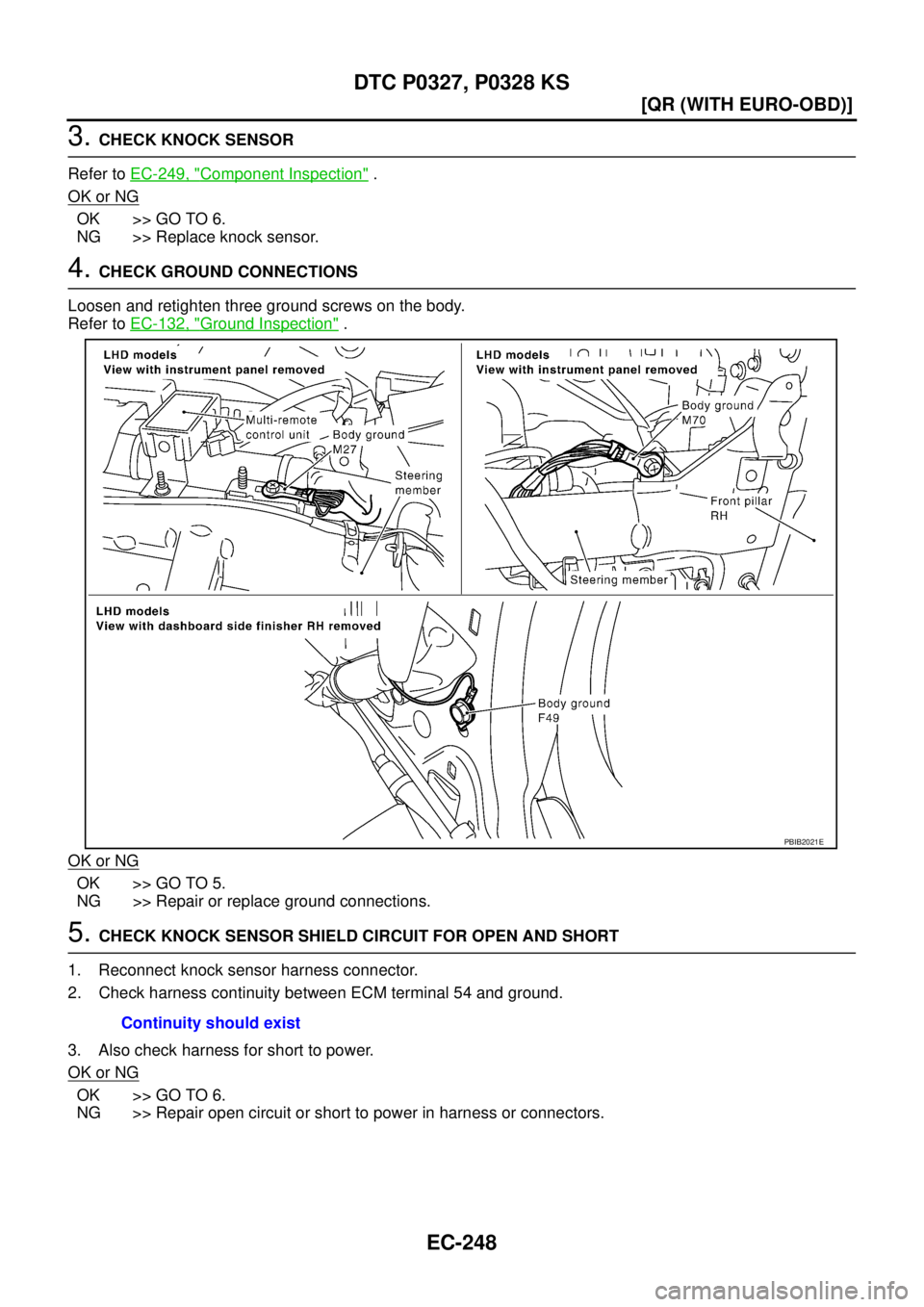 NISSAN X-TRAIL 2005  Service Repair Manual EC-248
[QR (WITH EURO-OBD)]
DTC P0327, P0328 KS
 
3. CHECK KNOCK SENSOR
Refer to EC-249, "
Component Inspection" .
OK or NG
OK >> GO TO 6.
NG >> Replace knock sensor.
4. CHECK GROUND CONNECTIONS
Loose