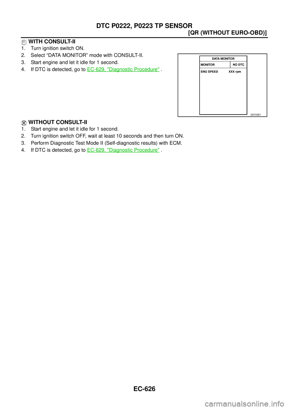 NISSAN X-TRAIL 2003  Service Repair Manual EC-626
[QR (WITHOUT EURO-OBD)]
DTC P0222, P0223 TP SENSOR
 
 WITH CONSULT-II
1. Turn ignition switch ON.
2. Select “DATA MONITOR” mode with CONSULT-II.
3. Start engine and let it idle for 1 second