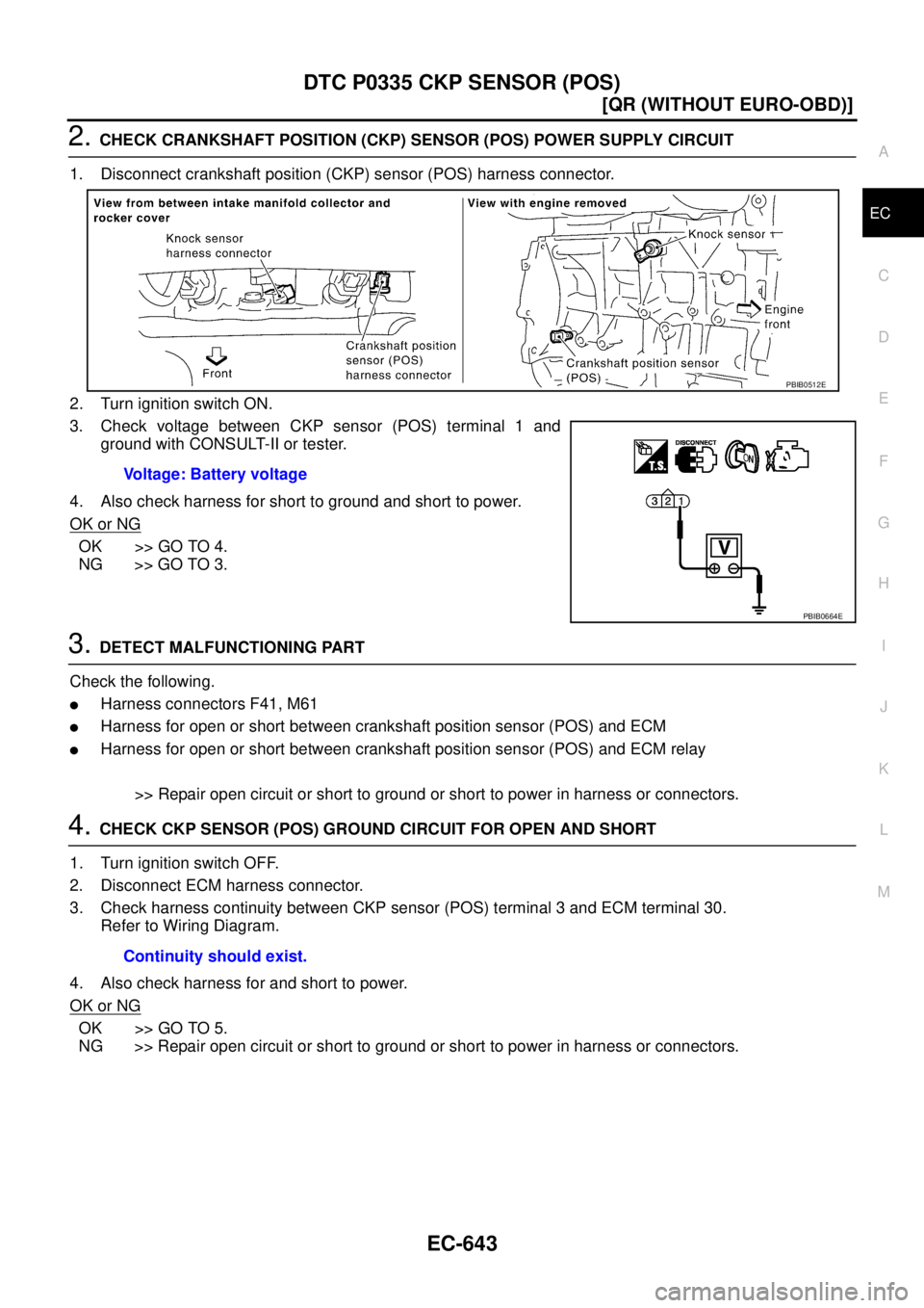 NISSAN X-TRAIL 2003  Service Repair Manual DTC P0335 CKP SENSOR (POS)
EC-643
[QR (WITHOUT EURO-OBD)]
C
D
E
F
G
H
I
J
K
L
MA
EC
 
2. CHECK CRANKSHAFT POSITION (CKP) SENSOR (POS) POWER SUPPLY CIRCUIT
1. Disconnect crankshaft position (CKP) senso