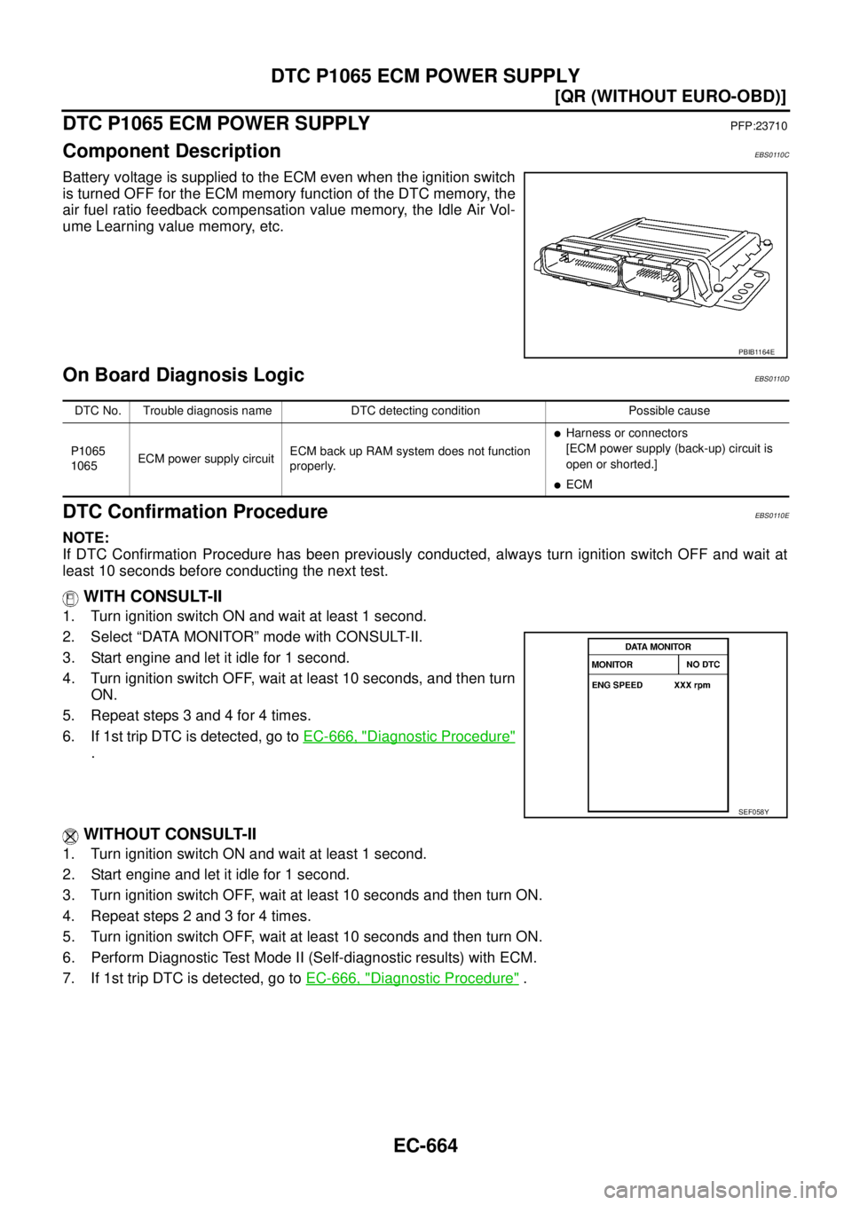 NISSAN X-TRAIL 2003  Service Repair Manual EC-664
[QR (WITHOUT EURO-OBD)]
DTC P1065 ECM POWER SUPPLY
 
DTC P1065 ECM POWER SUPPLYPFP:23710
Component DescriptionEBS0110C
Battery voltage is supplied to the ECM even when the ignition switch
is tu
