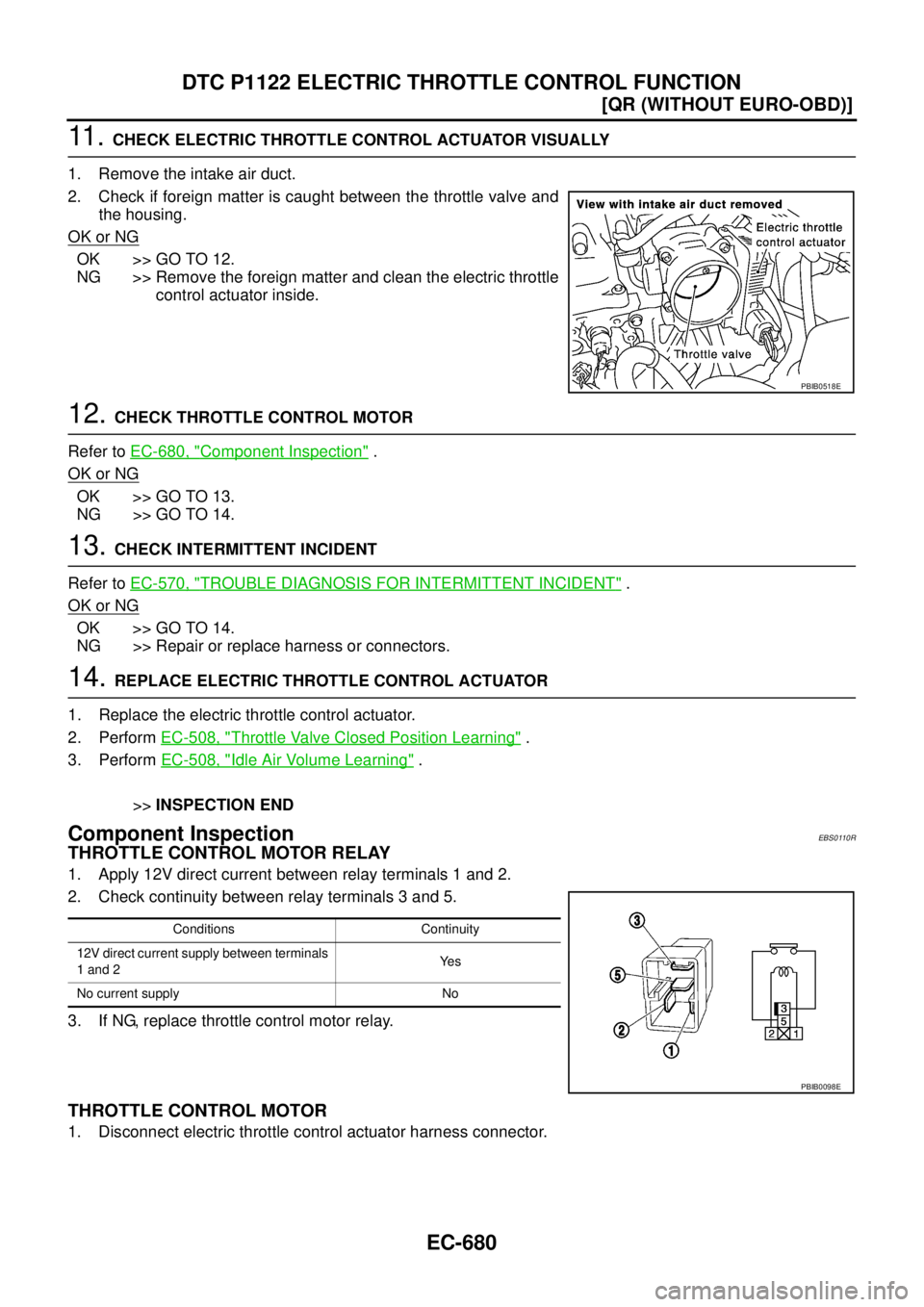 NISSAN X-TRAIL 2003  Service Repair Manual EC-680
[QR (WITHOUT EURO-OBD)]
DTC P1122 ELECTRIC THROTTLE CONTROL FUNCTION
 
11 .  CHECK ELECTRIC THROTTLE CONTROL ACTUATOR VISUALLY 
1. Remove the intake air duct.
2. Check if foreign matter is caug