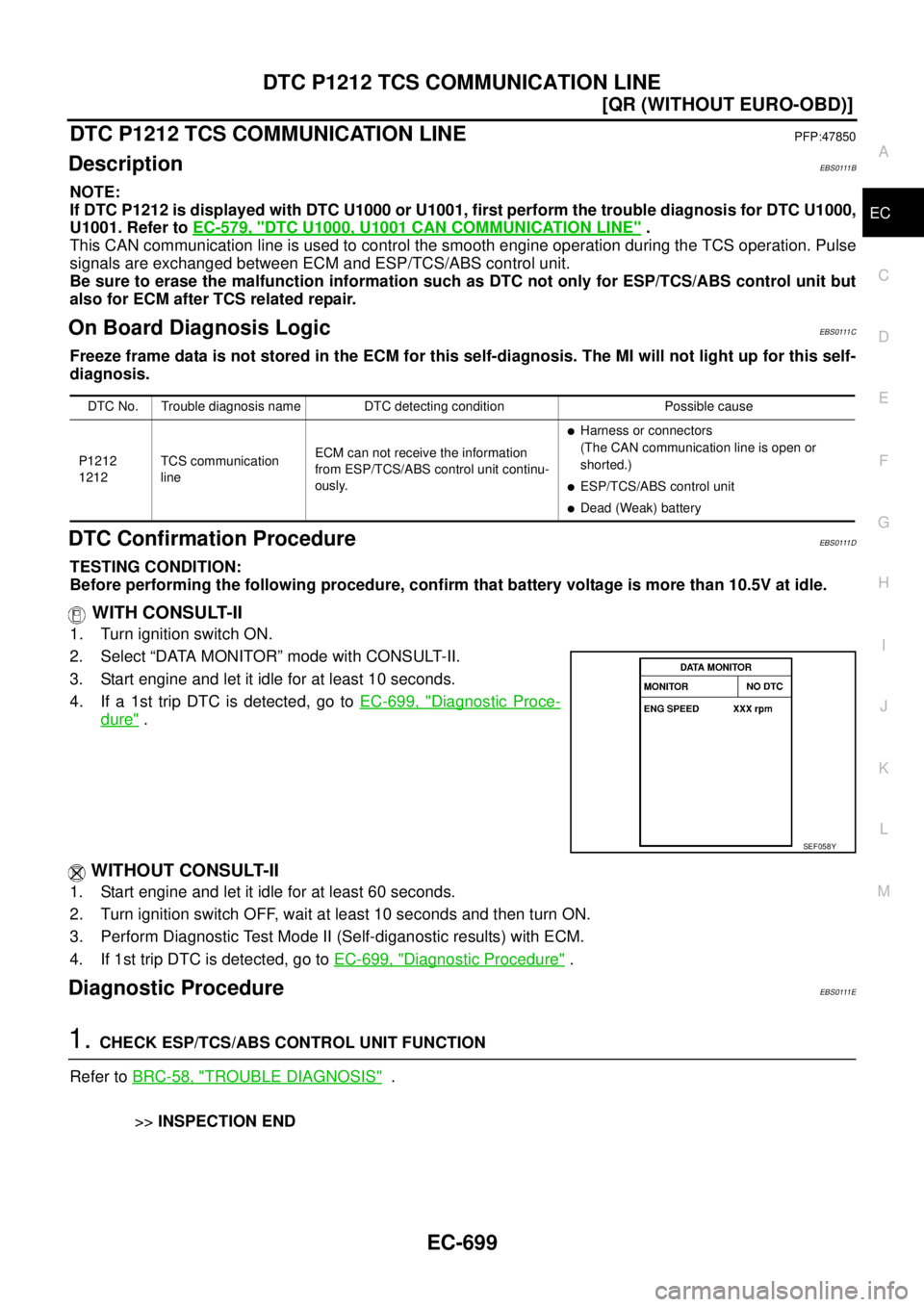 NISSAN X-TRAIL 2003  Service Repair Manual DTC P1212 TCS COMMUNICATION LINE
EC-699
[QR (WITHOUT EURO-OBD)]
C
D
E
F
G
H
I
J
K
L
MA
EC
 
DTC P1212 TCS COMMUNICATION LINEPFP:47850
DescriptionEBS0111B
NOTE:
If DTC P1212 is displayed with DTC U1000