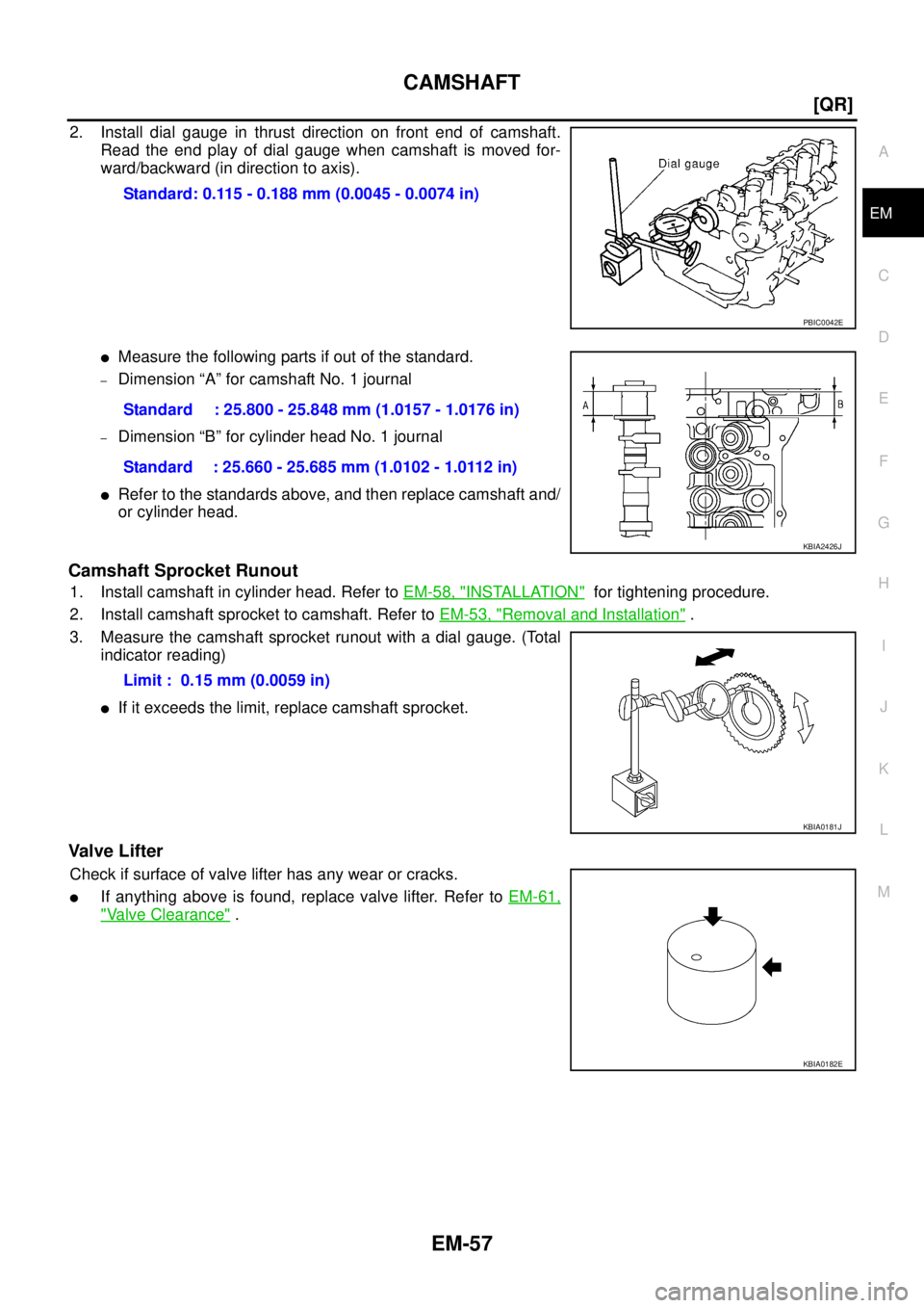 NISSAN X-TRAIL 2003  Service Repair Manual CAMSHAFT
EM-57
[QR]
C
D
E
F
G
H
I
J
K
L
MA
EM
 
2. Install dial gauge in thrust direction on front end of camshaft.
Read the end play of dial gauge when camshaft is moved for-
ward/backward (in direct