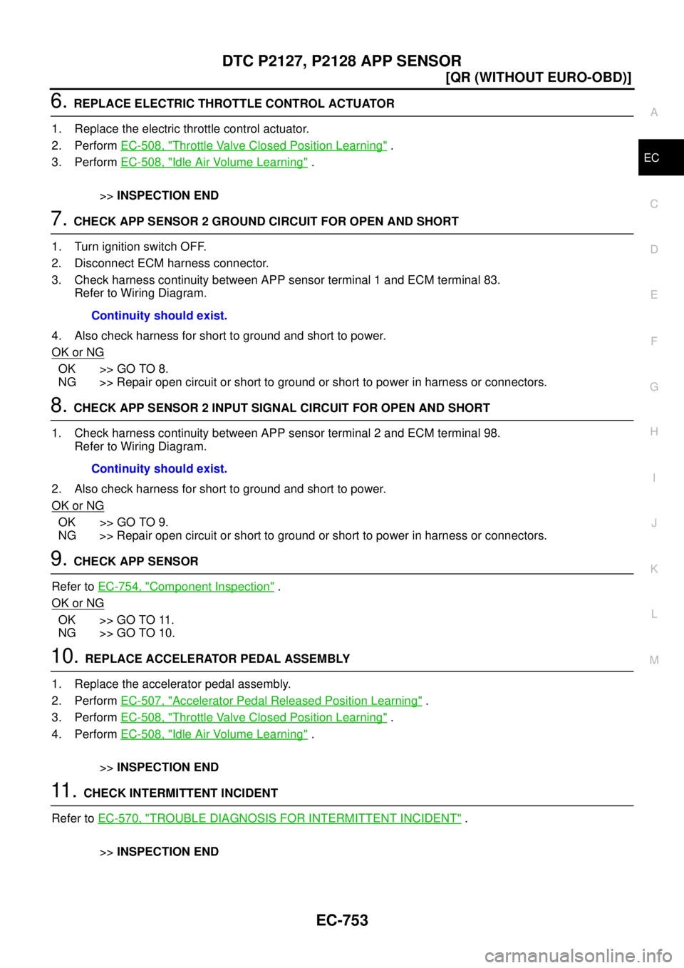 NISSAN X-TRAIL 2003  Service Repair Manual DTC P2127, P2128 APP SENSOR
EC-753
[QR (WITHOUT EURO-OBD)]
C
D
E
F
G
H
I
J
K
L
MA
EC
 
6. REPLACE ELECTRIC THROTTLE CONTROL ACTUATOR
1. Replace the electric throttle control actuator.
2. Perform EC-50