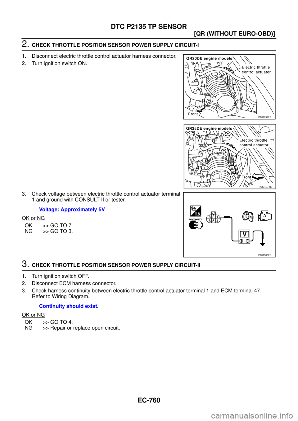 NISSAN X-TRAIL 2003  Service Repair Manual EC-760
[QR (WITHOUT EURO-OBD)]
DTC P2135 TP SENSOR
 
2. CHECK THROTTLE POSITION SENSOR POWER SUPPLY CIRCUIT-I
1. Disconnect electric throttle control actuator harness connector.
2. Turn ignition switc