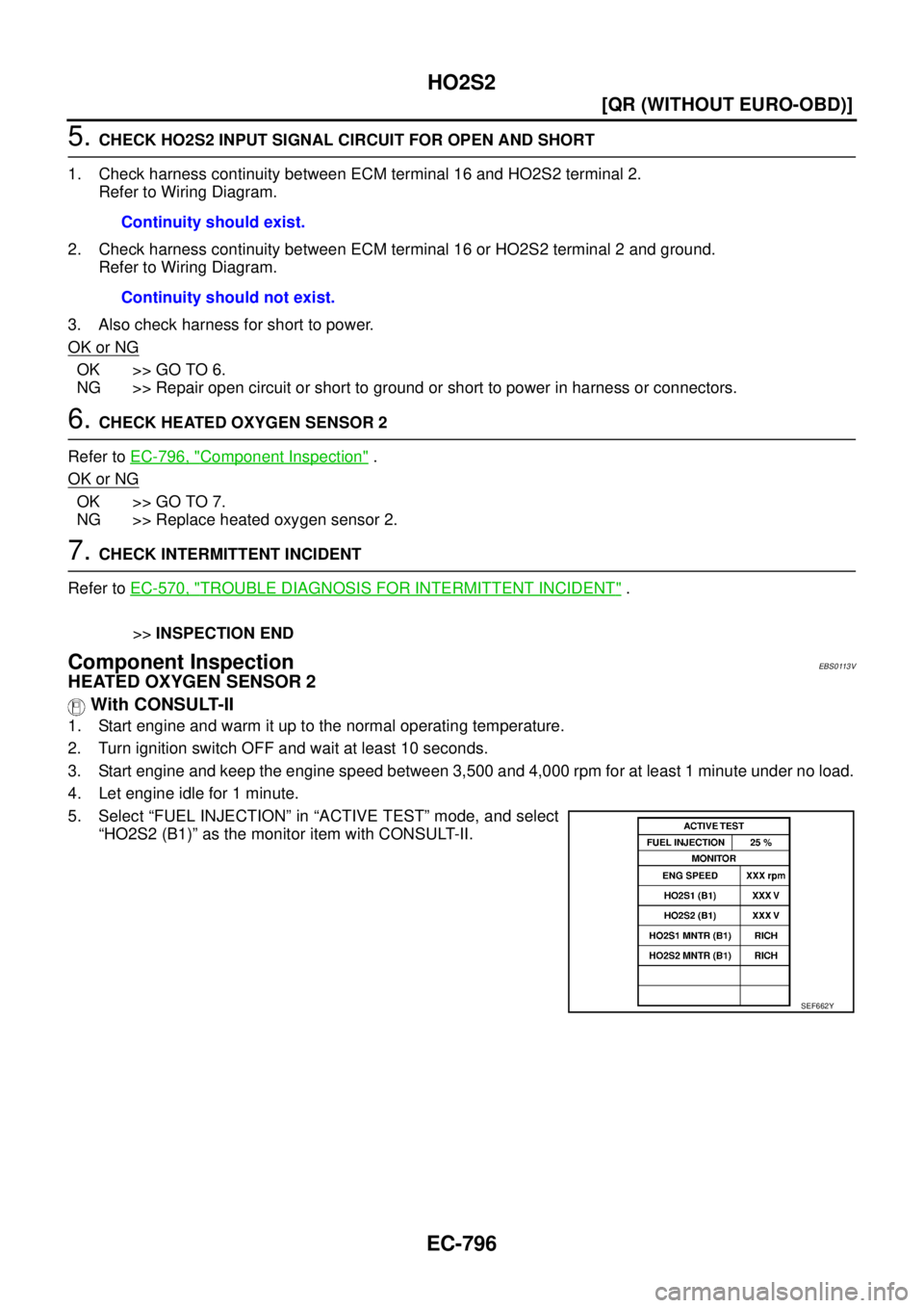 NISSAN X-TRAIL 2003  Service Repair Manual EC-796
[QR (WITHOUT EURO-OBD)]
HO2S2
 
5. CHECK HO2S2 INPUT SIGNAL CIRCUIT FOR OPEN AND SHORT
1. Check harness continuity between ECM terminal 16 and HO2S2 terminal 2.
Refer to Wiring Diagram.
2. Chec