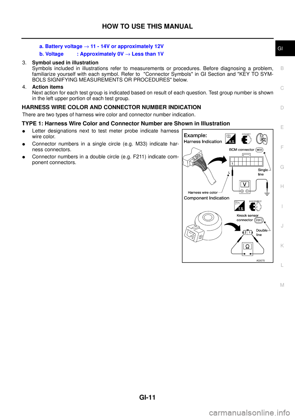 NISSAN X-TRAIL 2003 Service Repair Manual HOW TO USE THIS MANUAL
GI-11
C
D
E
F
G
H
I
J
K
L
MB
GI
3.Symbol used in illustration
Symbols included in illustrations refer to measurements or procedures. Before diagnosing a problem,
familiarize y NISSAN X-TRAIL 2003 Service Repair Manual HOW TO USE THIS MANUAL
GI-11
C
D
E
F
G
H
I
J
K
L
MB
GI
3.Symbol used in illustration
Symbols included in illustrations refer to measurements or procedures. Before diagnosing a problem,
familiarize y