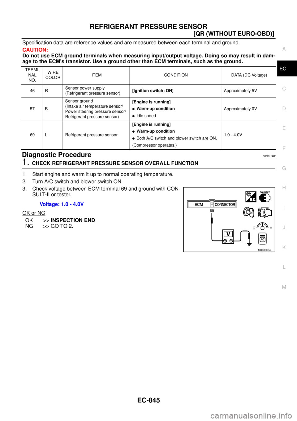 NISSAN X-TRAIL 2003  Service Repair Manual REFRIGERANT PRESSURE SENSOR
EC-845
[QR (WITHOUT EURO-OBD)]
C
D
E
F
G
H
I
J
K
L
MA
EC
 
Specification data are reference values and are measured between each terminal and ground.
CAUTION:
Do not use EC