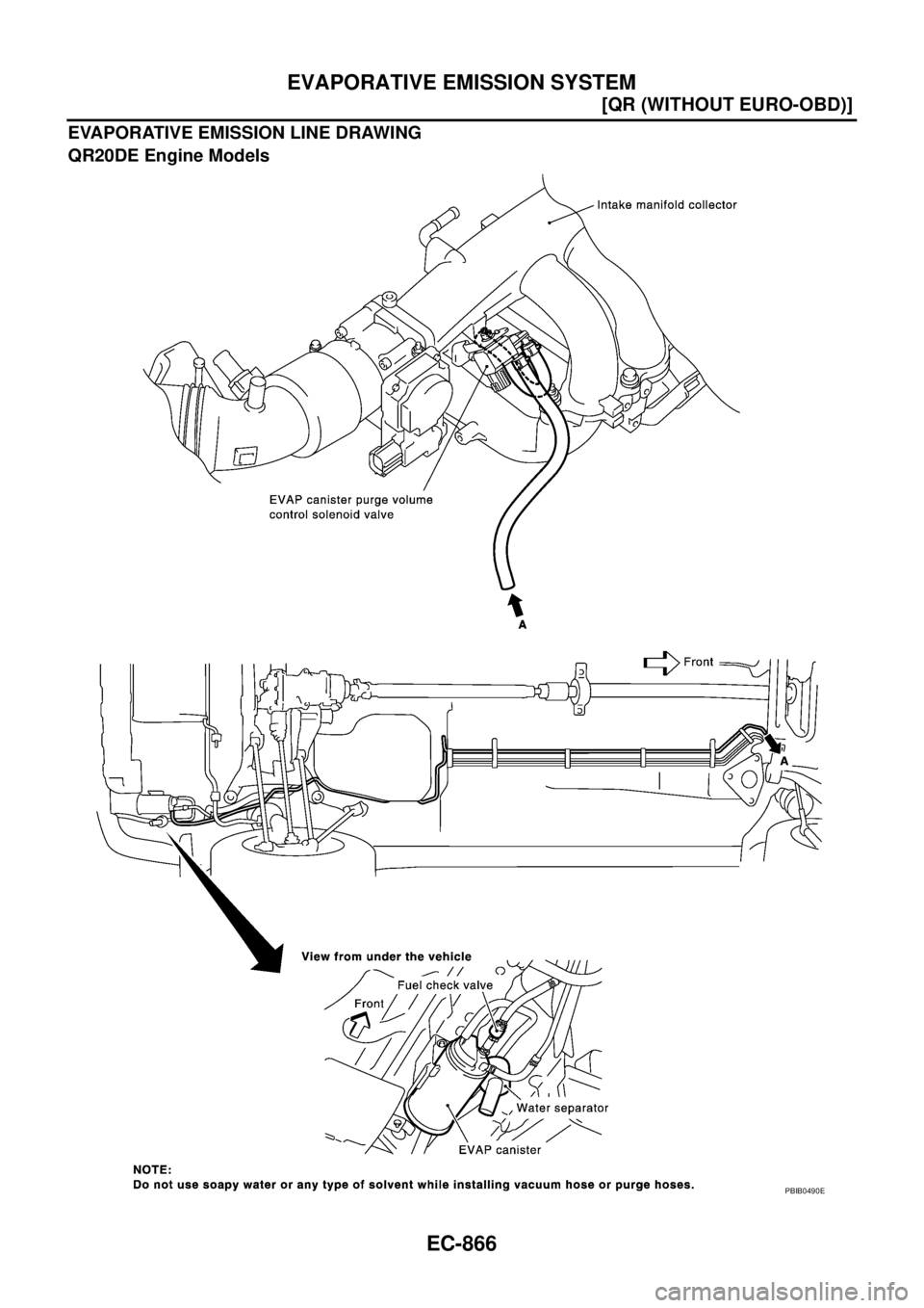 NISSAN X-TRAIL 2003  Service Repair Manual EC-866
[QR (WITHOUT EURO-OBD)]
EVAPORATIVE EMISSION SYSTEM
 
EVAPORATIVE EMISSION LINE DRAWING
QR20DE Engine Models
PBIB0490E 
