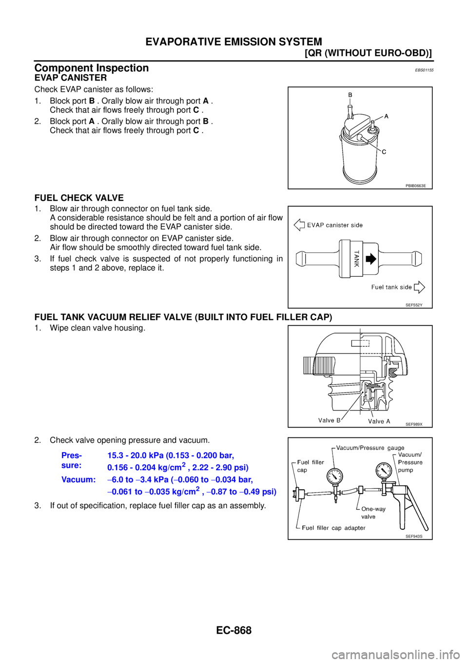 NISSAN X-TRAIL 2003  Service Repair Manual EC-868
[QR (WITHOUT EURO-OBD)]
EVAPORATIVE EMISSION SYSTEM
 
Component InspectionEBS01155
EVAP CANISTER
Check EVAP canister as follows:
1. Block port B . Orally blow air through port A .
Check that ai