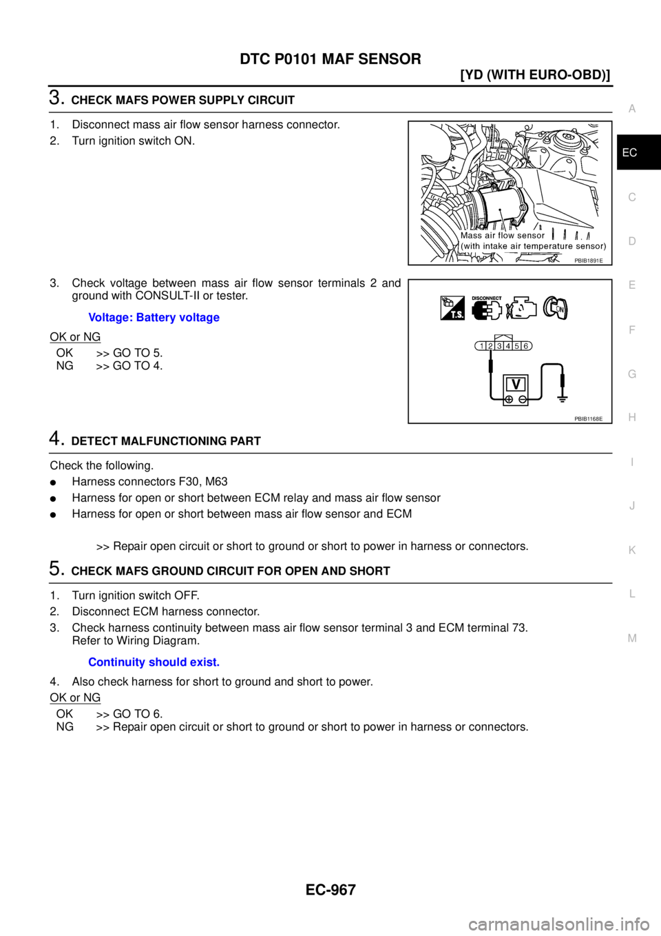 NISSAN X-TRAIL 2003  Service Repair Manual DTC P0101 MAF SENSOR
EC-967
[YD (WITH EURO-OBD)]
C
D
E
F
G
H
I
J
K
L
MA
EC
 
3. CHECK MAFS POWER SUPPLY CIRCUIT
1. Disconnect mass air flow sensor harness connector.
2. Turn ignition switch ON.
3. Che