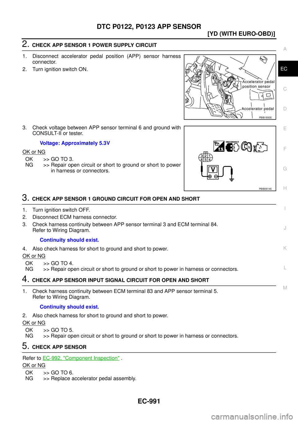 NISSAN X-TRAIL 2003  Service Repair Manual DTC P0122, P0123 APP SENSOR
EC-991
[YD (WITH EURO-OBD)]
C
D
E
F
G
H
I
J
K
L
MA
EC
 
2. CHECK APP SENSOR 1 POWER SUPPLY CIRCUIT
1. Disconnect accelerator pedal position (APP) sensor harness
connector.
