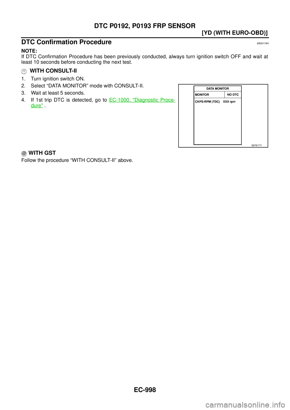 NISSAN X-TRAIL 2003  Service Repair Manual EC-998
[YD (WITH EURO-OBD)]
DTC P0192, P0193 FRP SENSOR
 
DTC Confirmation ProcedureEBS0119H
NOTE:
If DTC Confirmation Procedure has been previously conducted, always turn ignition switch OFF and wait