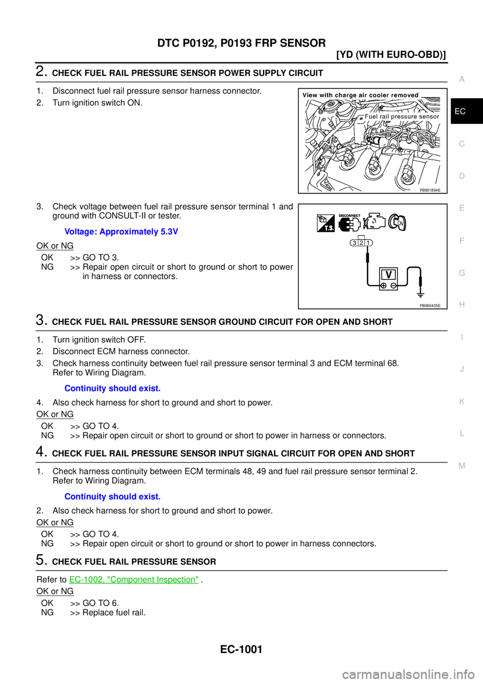NISSAN X-TRAIL 2003  Service Repair Manual DTC P0192, P0193 FRP SENSOR
EC-1001
[YD (WITH EURO-OBD)]
C
D
E
F
G
H
I
J
K
L
MA
EC
 
2. CHECK FUEL RAIL PRESSURE SENSOR POWER SUPPLY CIRCUIT
1. Disconnect fuel rail pressure sensor harness connector.
