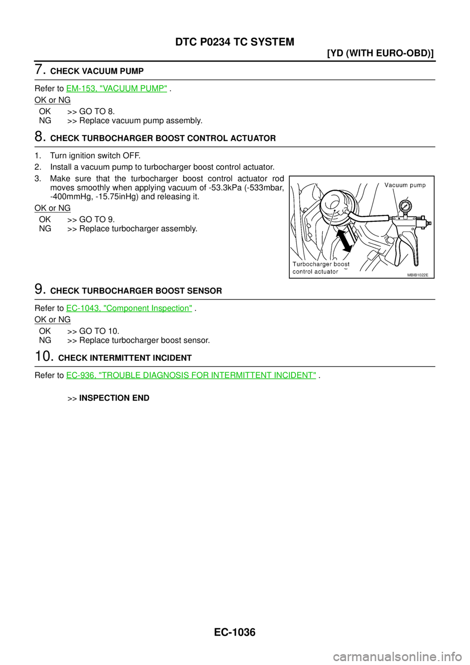 NISSAN X-TRAIL 2003  Service Repair Manual EC-1036
[YD (WITH EURO-OBD)]
DTC P0234 TC SYSTEM
 
7. CHECK VACUUM PUMP
Refer to EM-153, "
VACUUM PUMP" .
OK or NG
OK >> GO TO 8.
NG >> Replace vacuum pump assembly.
8. CHECK TURBOCHARGER BOOST CONTRO