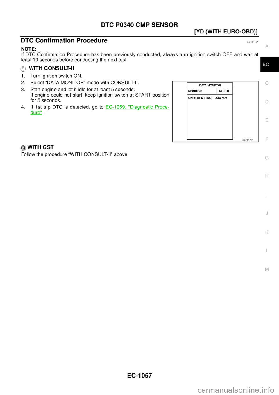 NISSAN X-TRAIL 2003  Service Repair Manual DTC P0340 CMP SENSOR
EC-1057
[YD (WITH EURO-OBD)]
C
D
E
F
G
H
I
J
K
L
MA
EC
 
DTC Confirmation ProcedureEBS011BF
NOTE:
If DTC Confirmation Procedure has been previously conducted, always turn ignition
