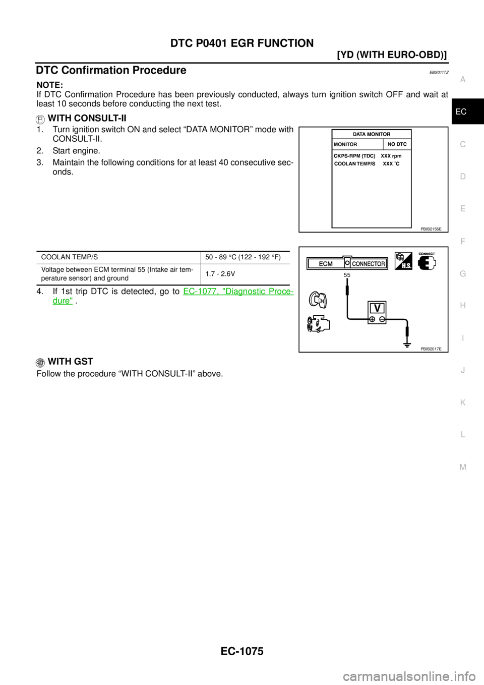 NISSAN X-TRAIL 2003  Service Repair Manual DTC P0401 EGR FUNCTION
EC-1075
[YD (WITH EURO-OBD)]
C
D
E
F
G
H
I
J
K
L
MA
EC
 
DTC Confirmation ProcedureEBS011TZ
NOTE:
If DTC Confirmation Procedure has been previously conducted, always turn igniti