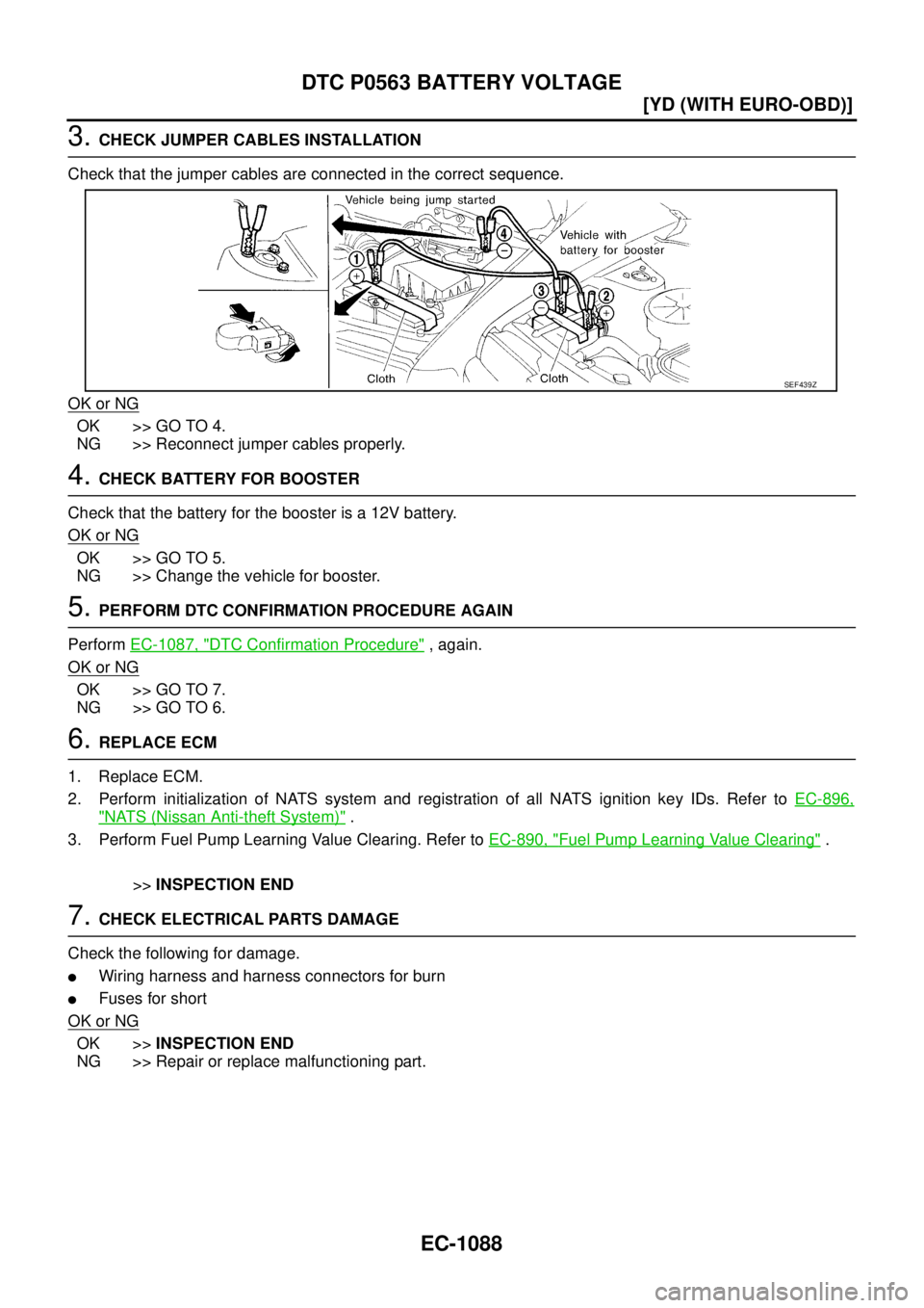 NISSAN X-TRAIL 2003  Service Repair Manual EC-1088
[YD (WITH EURO-OBD)]
DTC P0563 BATTERY VOLTAGE
 
3. CHECK JUMPER CABLES INSTALLATION
Check that the jumper cables are connected in the correct sequence.
OK or NG
OK >> GO TO 4.
NG >> Reconnect