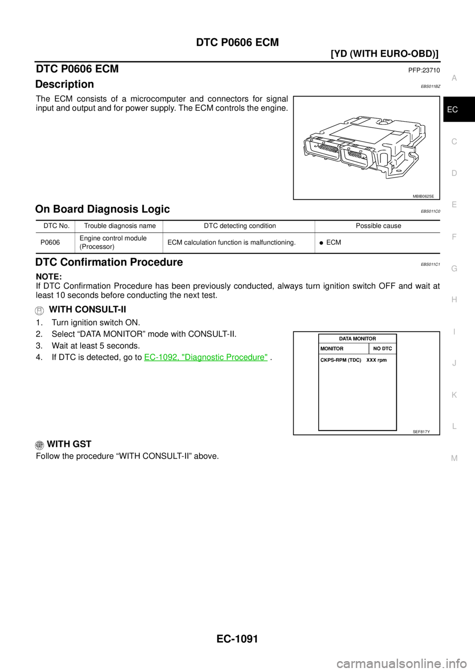 NISSAN X-TRAIL 2003  Service Repair Manual DTC P0606 ECM
EC-1091
[YD (WITH EURO-OBD)]
C
D
E
F
G
H
I
J
K
L
MA
EC
 
DTC P0606 ECMPFP:23710
DescriptionEBS011BZ
The ECM consists of a microcomputer and connectors for signal
input and output and for