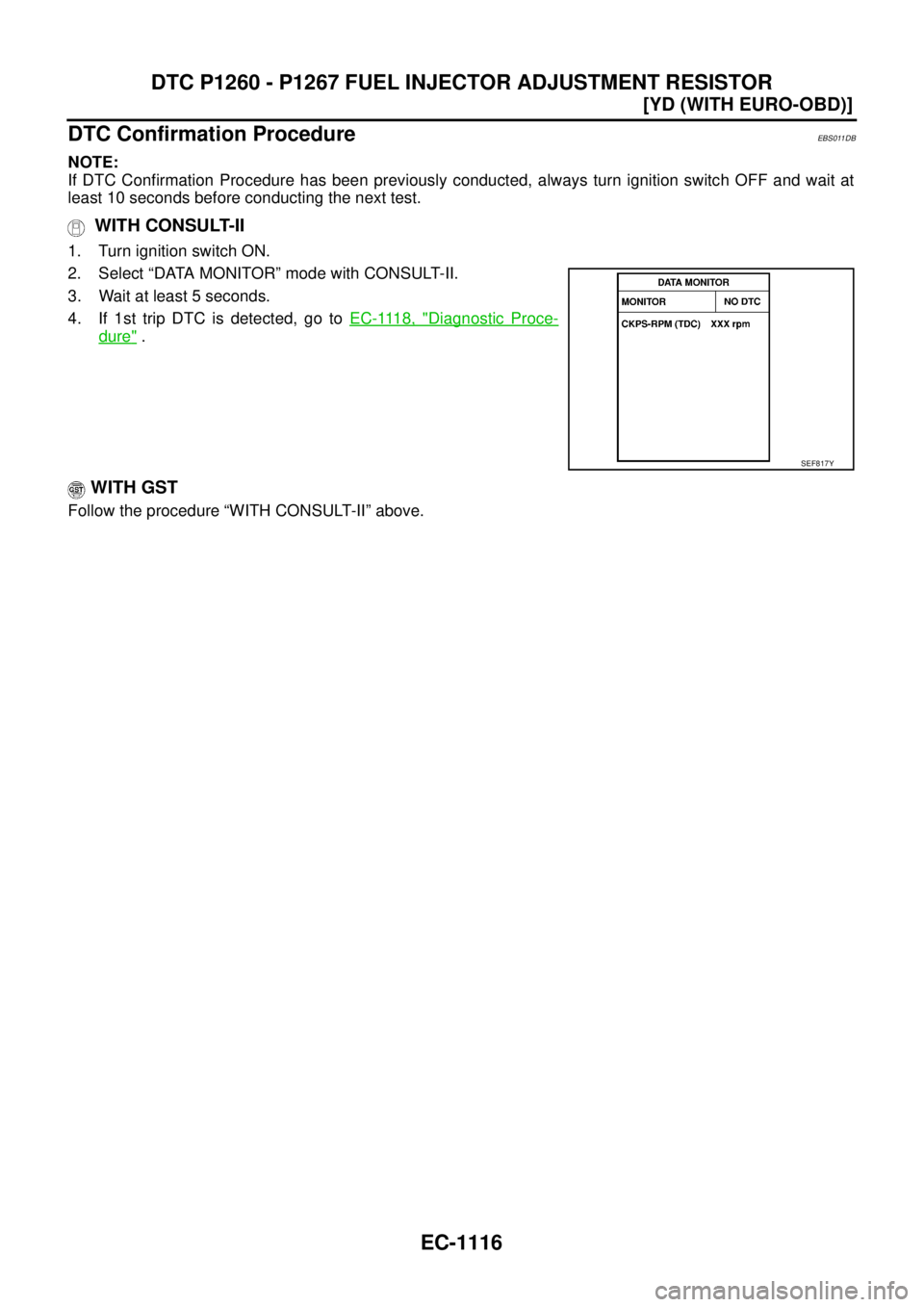 NISSAN X-TRAIL 2003  Service Repair Manual EC-1116
[YD (WITH EURO-OBD)]
DTC P1260 - P1267 FUEL INJECTOR ADJUSTMENT RESISTOR
 
DTC Confirmation ProcedureEBS011DB
NOTE:
If DTC Confirmation Procedure has been previously conducted, always turn ign