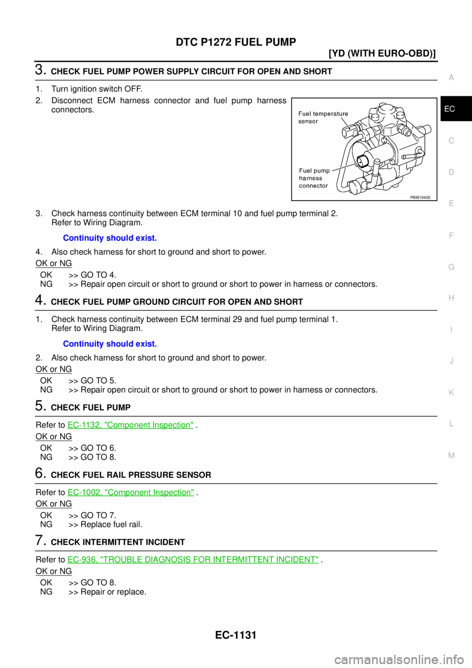 NISSAN X-TRAIL 2003  Service Repair Manual DTC P1272 FUEL PUMP
EC-1131
[YD (WITH EURO-OBD)]
C
D
E
F
G
H
I
J
K
L
MA
EC
 
3. CHECK FUEL PUMP POWER SUPPLY CIRCUIT FOR OPEN AND SHORT
1. Turn ignition switch OFF.
2. Disconnect ECM harness connector