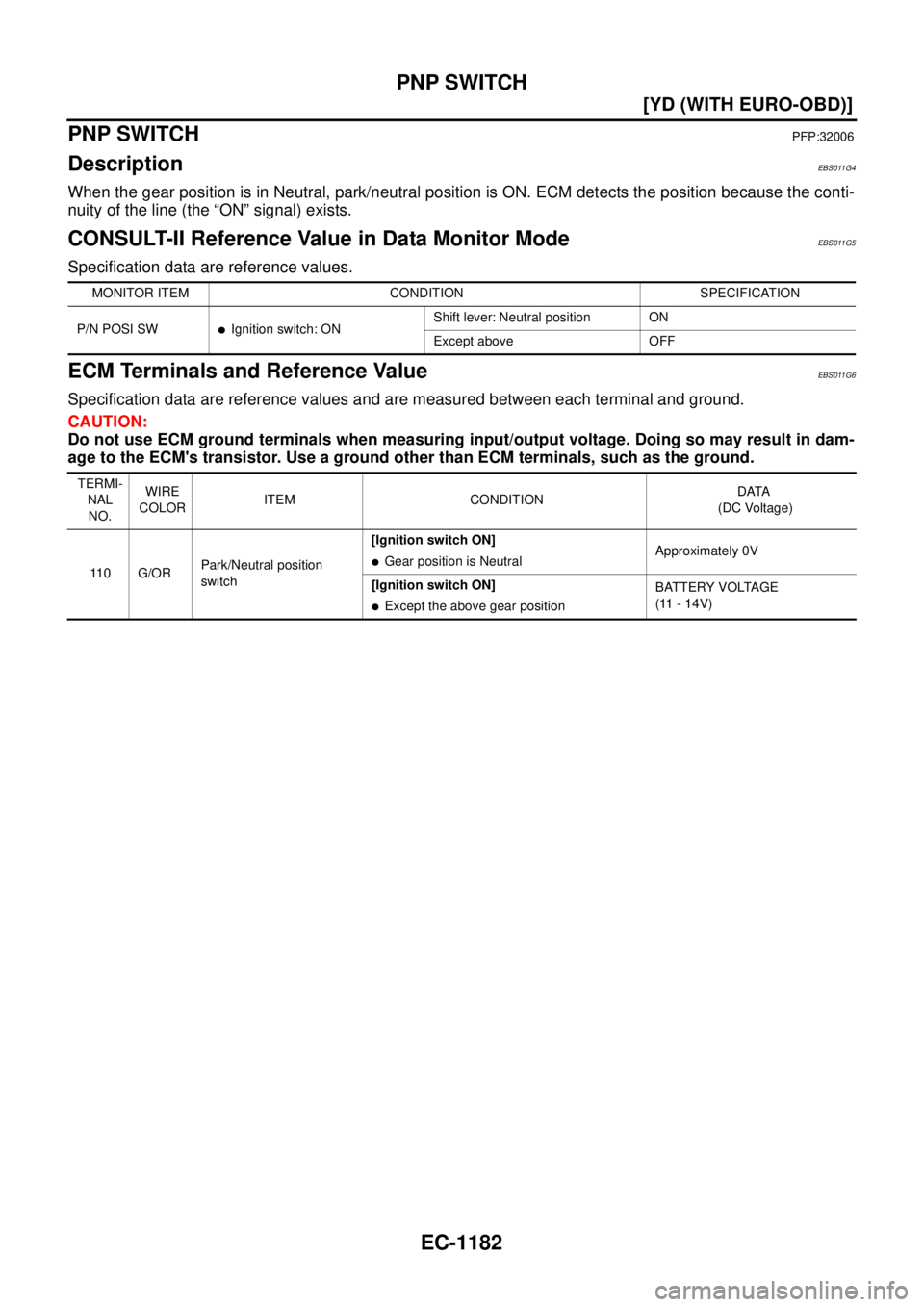 NISSAN X-TRAIL 2003  Service Repair Manual EC-1182
[YD (WITH EURO-OBD)]
PNP SWITCH
 
PNP SWITCHPFP:32006
DescriptionEBS011G4
When the gear position is in Neutral, park/neutral position is ON. ECM detects the position because the conti-
nuity o