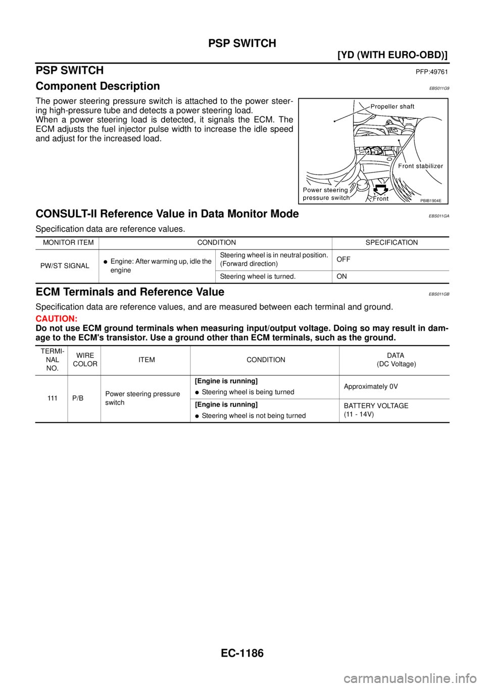 NISSAN X-TRAIL 2003  Service Repair Manual EC-1186
[YD (WITH EURO-OBD)]
PSP SWITCH
 
PSP SWITCHPFP:49761
Component DescriptionEBS011G9
The power steering pressure switch is attached to the power steer-
ing high-pressure tube and detects a powe
