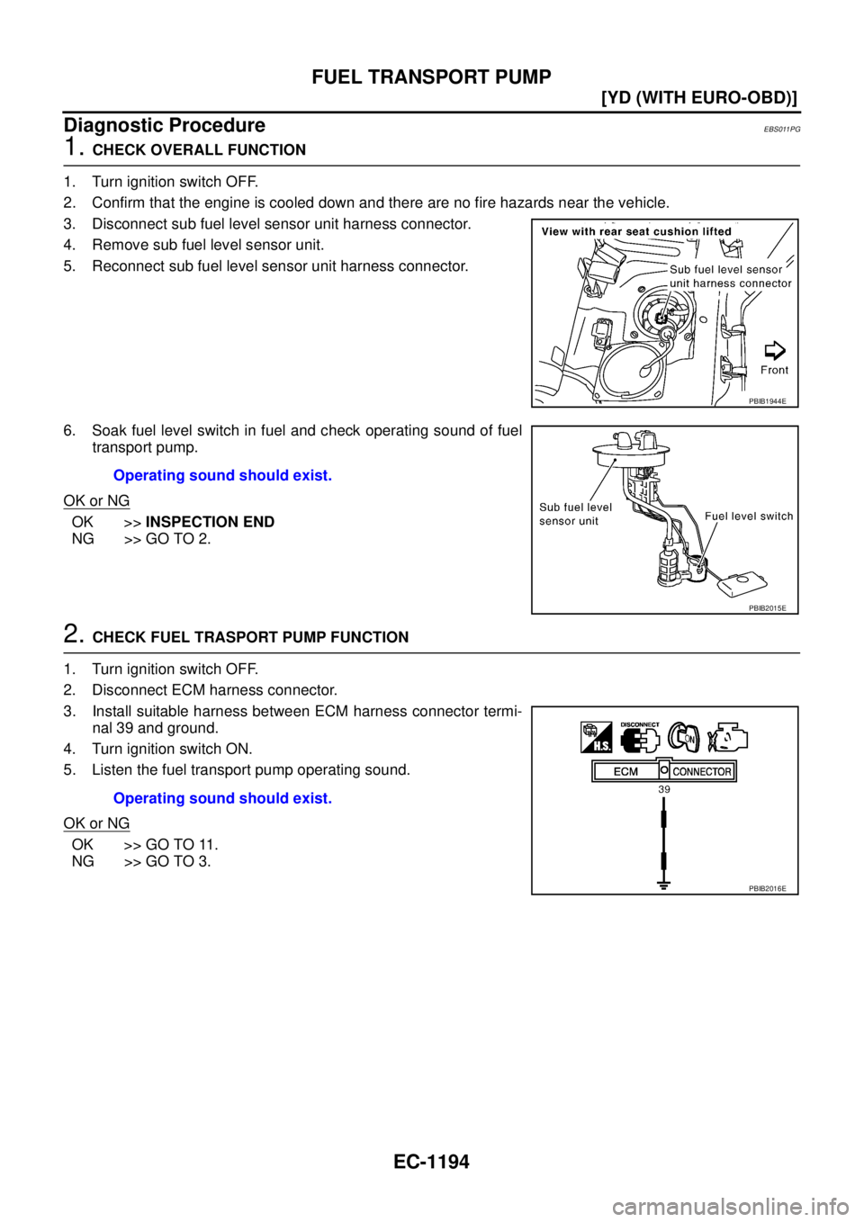 NISSAN X-TRAIL 2003  Service Repair Manual EC-1194
[YD (WITH EURO-OBD)]
FUEL TRANSPORT PUMP
 
Diagnostic ProcedureEBS011PG
1. CHECK OVERALL FUNCTION
1. Turn ignition switch OFF.
2. Confirm that the engine is cooled down and there are no fire h