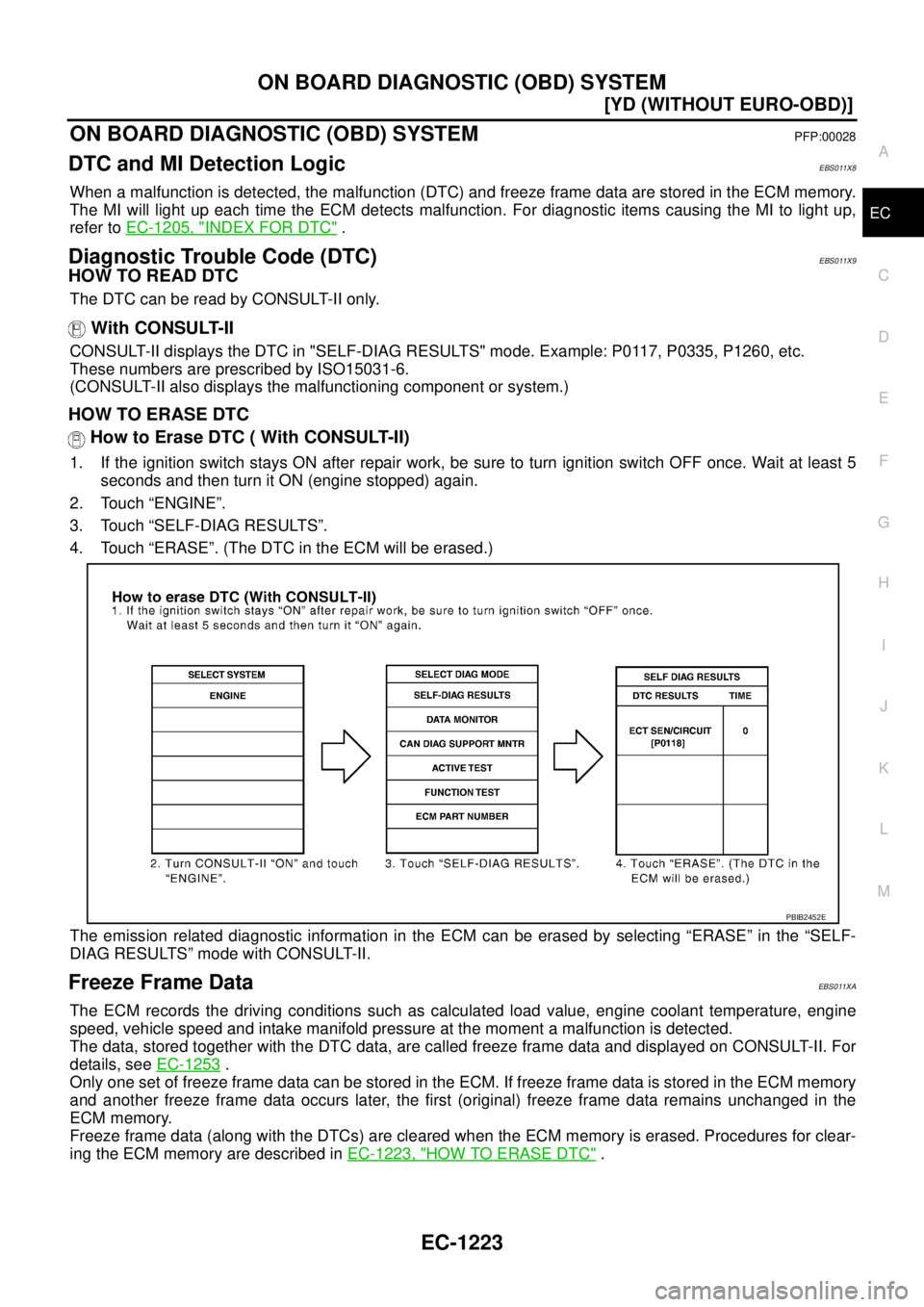 NISSAN X-TRAIL 2003  Service Repair Manual ON BOARD DIAGNOSTIC (OBD) SYSTEM
EC-1223
[YD (WITHOUT EURO-OBD)]
C
D
E
F
G
H
I
J
K
L
MA
EC
 
ON BOARD DIAGNOSTIC (OBD) SYSTEMPFP:00028
DTC and MI Detection LogicEBS011X8
When a malfunction is detected