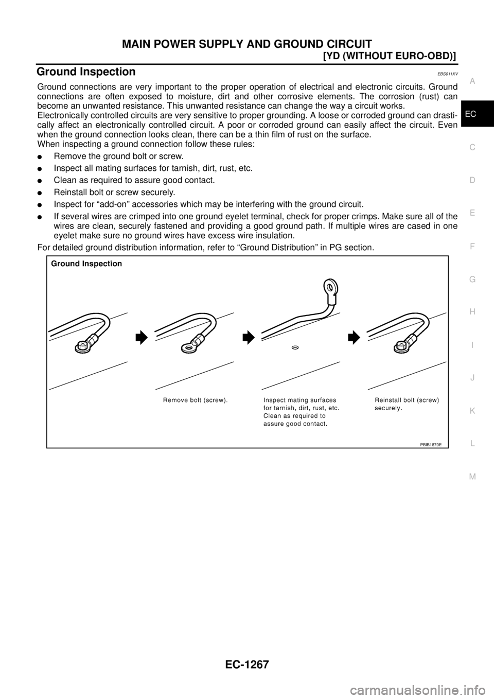 NISSAN X-TRAIL 2003  Service Repair Manual MAIN POWER SUPPLY AND GROUND CIRCUIT
EC-1267
[YD (WITHOUT EURO-OBD)]
C
D
E
F
G
H
I
J
K
L
MA
EC
 
Ground InspectionEBS011XV
Ground connections are very important to the proper operation of electrical a
